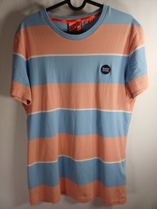 Superdry Men's Blue and Peach Stripes Top Medium 19" PTP - Very Good Condition