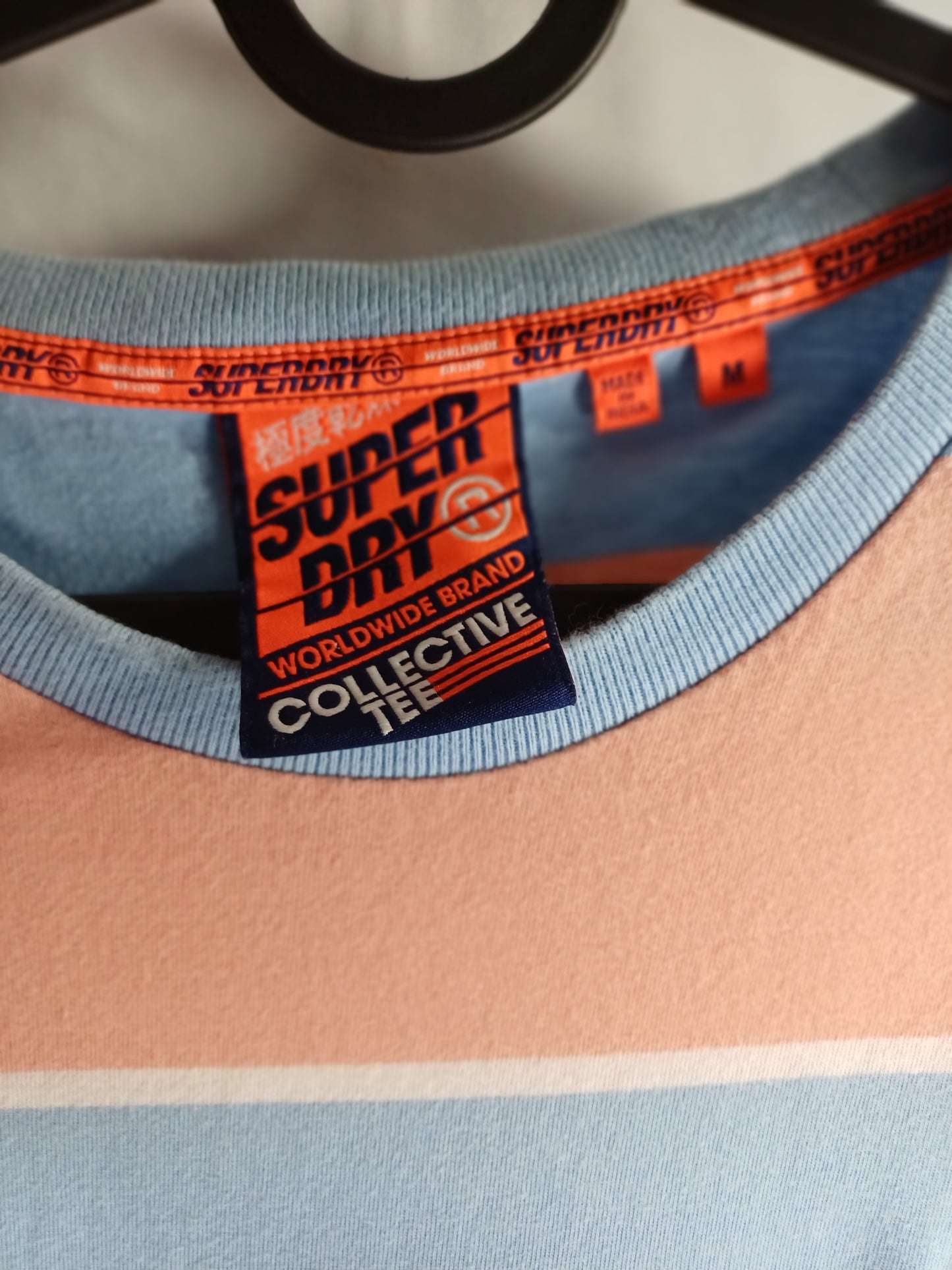 Superdry Men's Blue and Peach Stripes Top Medium 19" PTP - Very Good Condition