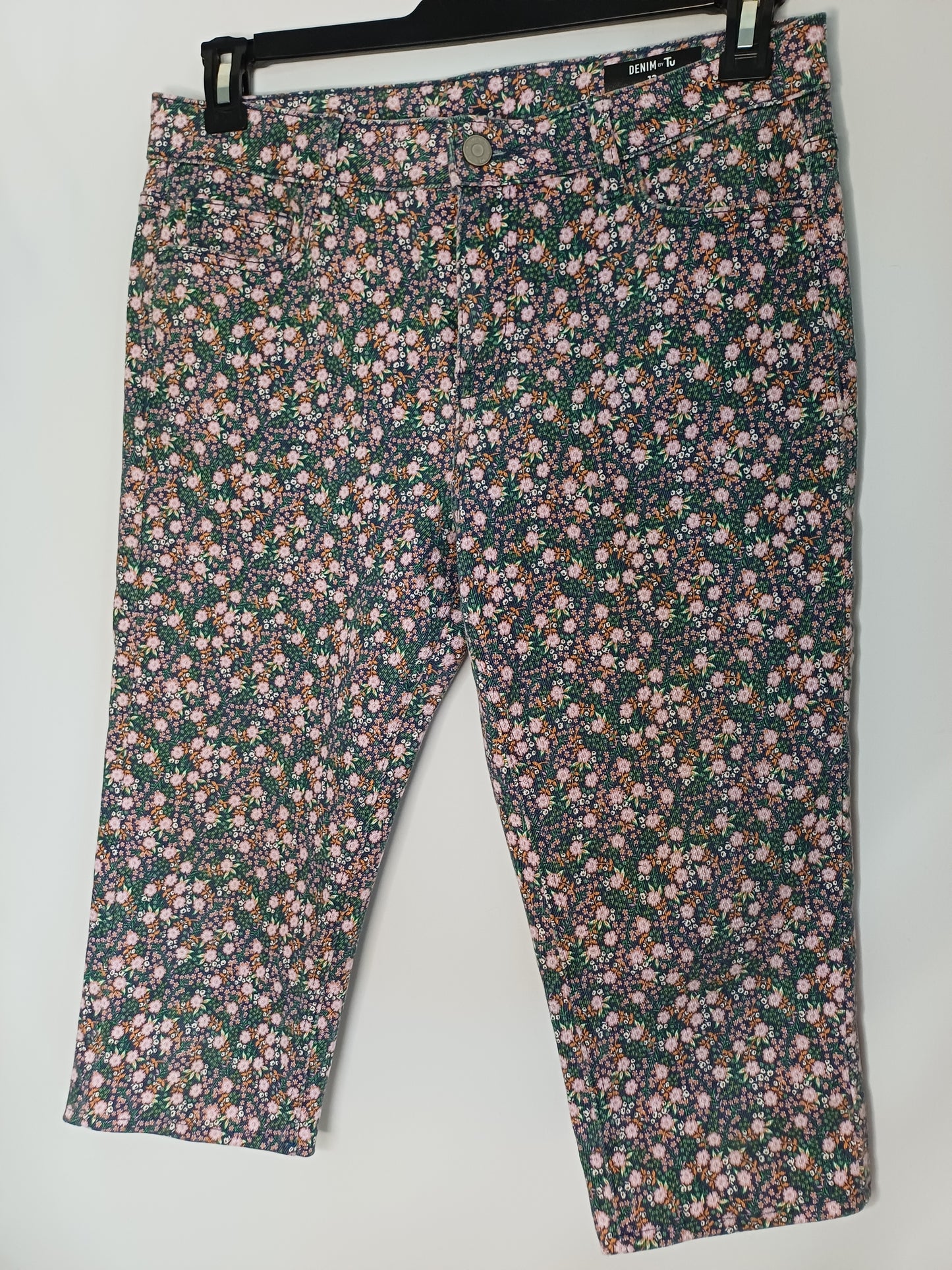 TU Pink Green Floral Denim Pedal Pusher Size 12 32W 27" - Very Good Condition