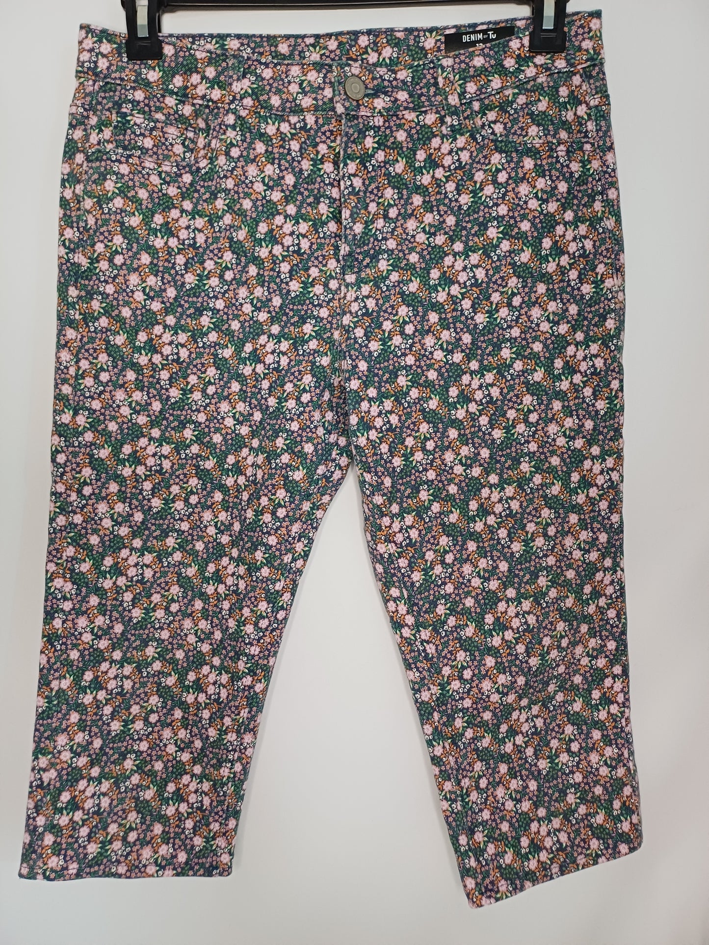 TU Pink Green Floral Denim Pedal Pusher Size 12 32W 27" - Very Good Condition