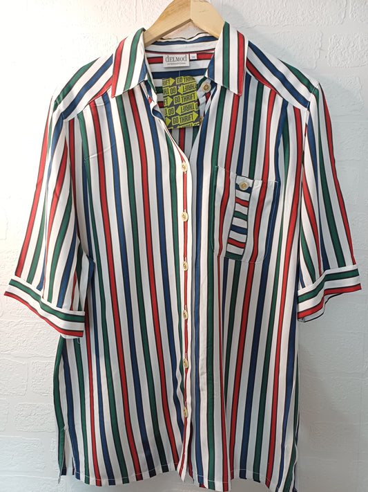 Delmod International Red Blue Green White Stripes Blouse Size 38 22" PTP - Very Good Condition