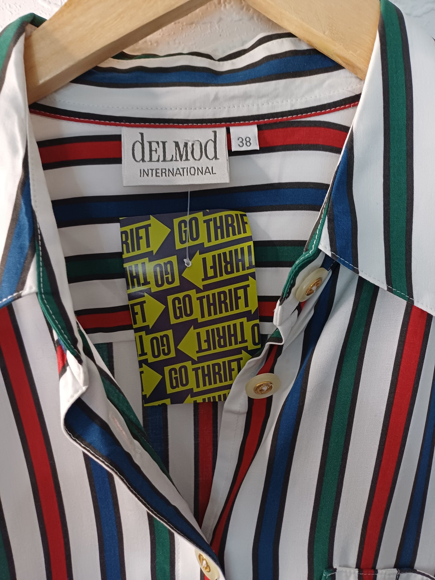 Delmod International Red Blue Green White Stripes Blouse Size 38 22" PTP - Very Good Condition