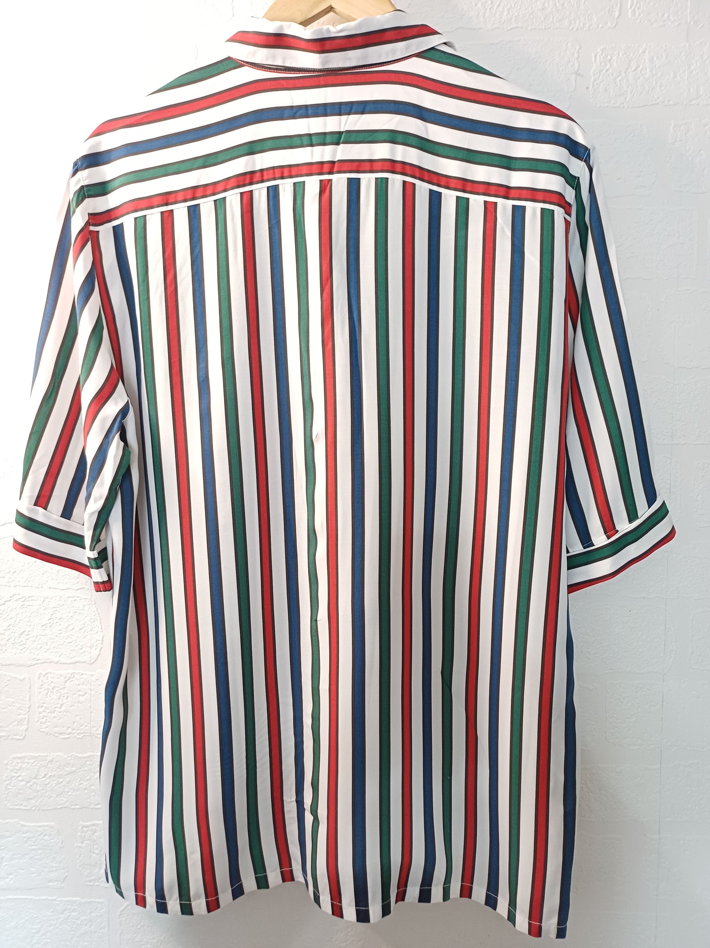 Delmod International Red Blue Green White Stripes Blouse Size 38 22" PTP - Very Good Condition