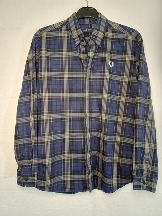 Fred Perry Men's Navy Blue Checkered Long Sleeve Shirt - M (Fits Closer to L)