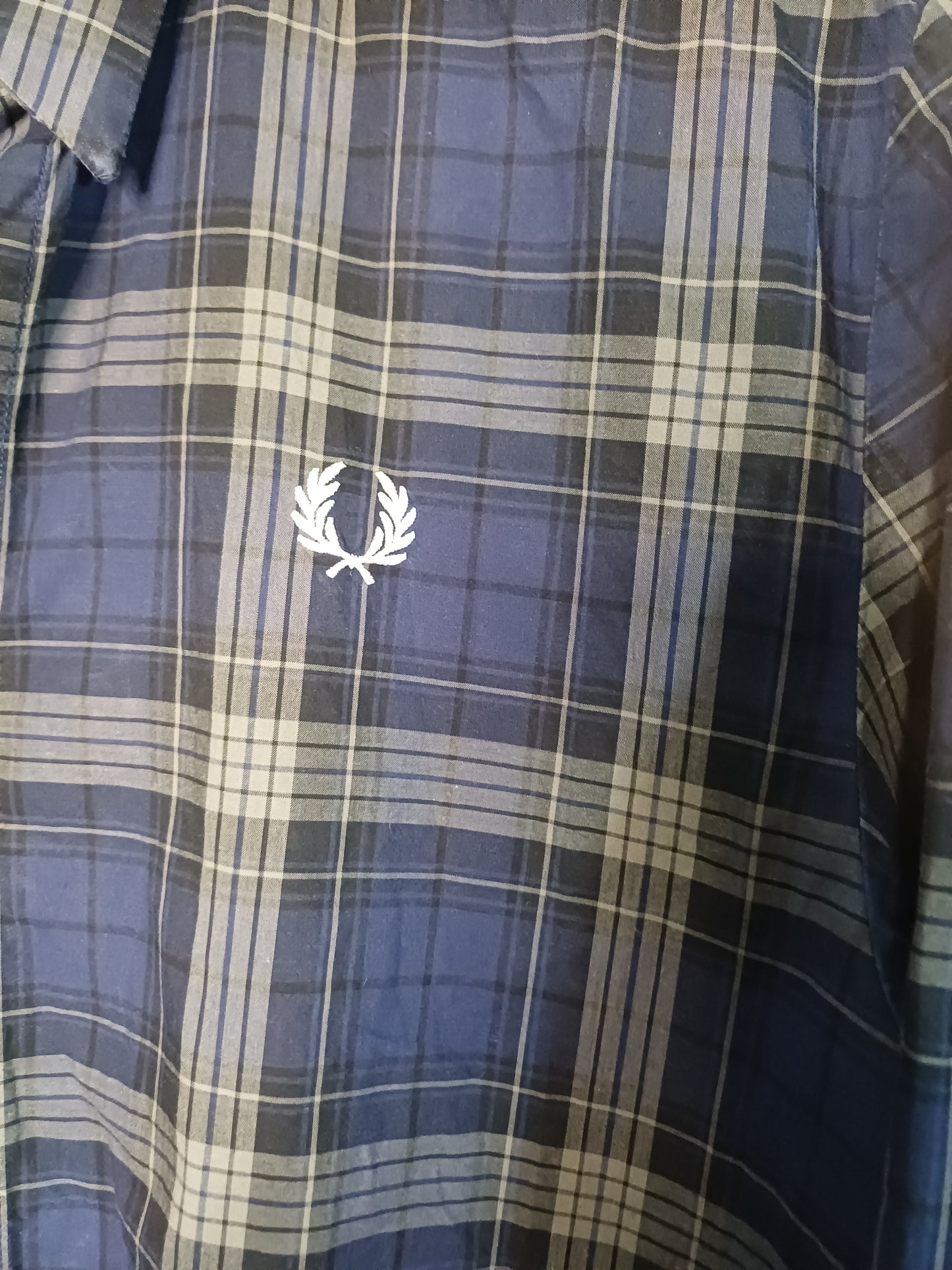 Fred Perry Men's Navy Blue Checkered Long Sleeve Shirt - M (Fits Closer to L)