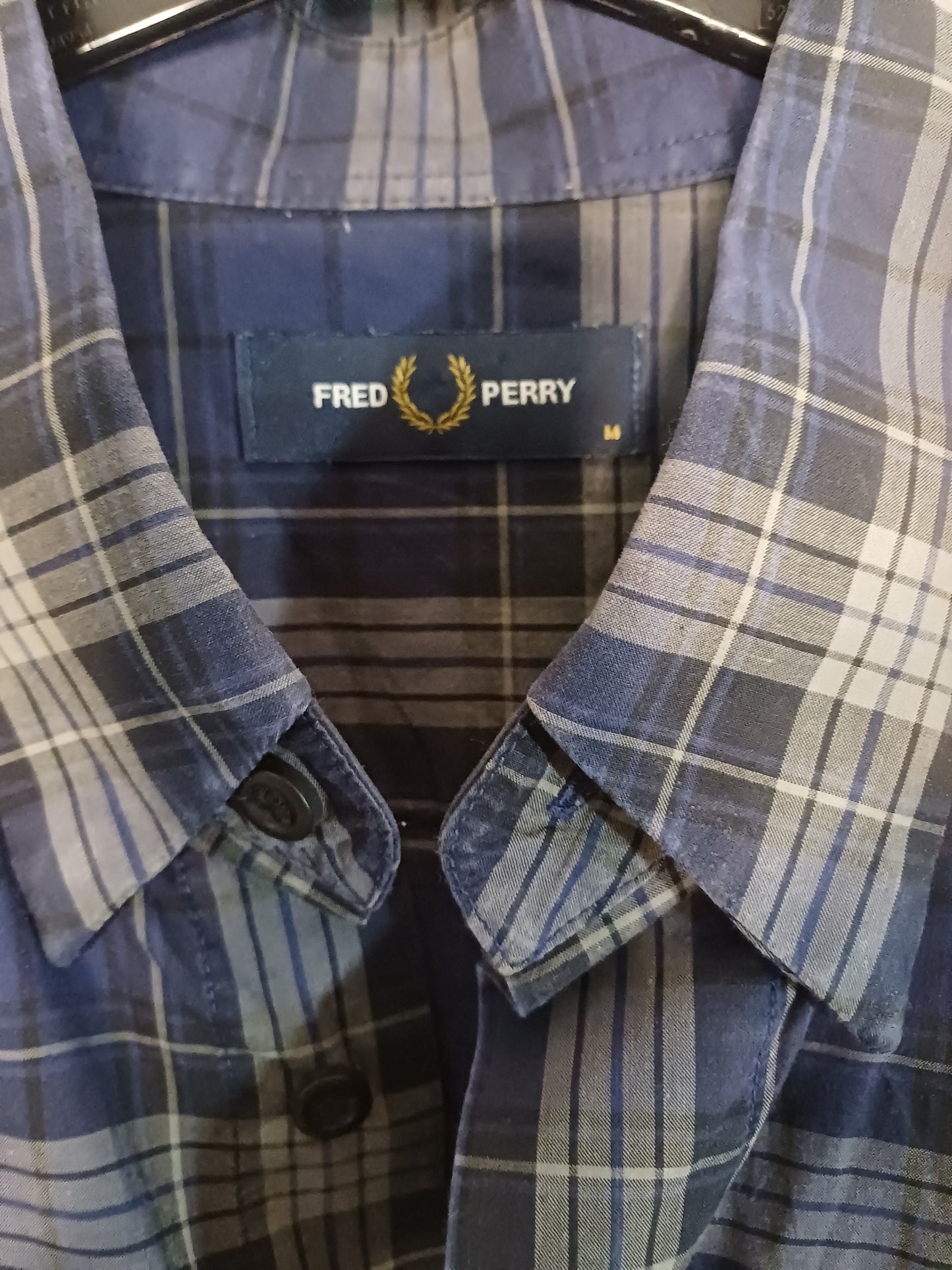 Fred Perry Men's Navy Blue Checkered Long Sleeve Shirt - M (Fits Closer to L)