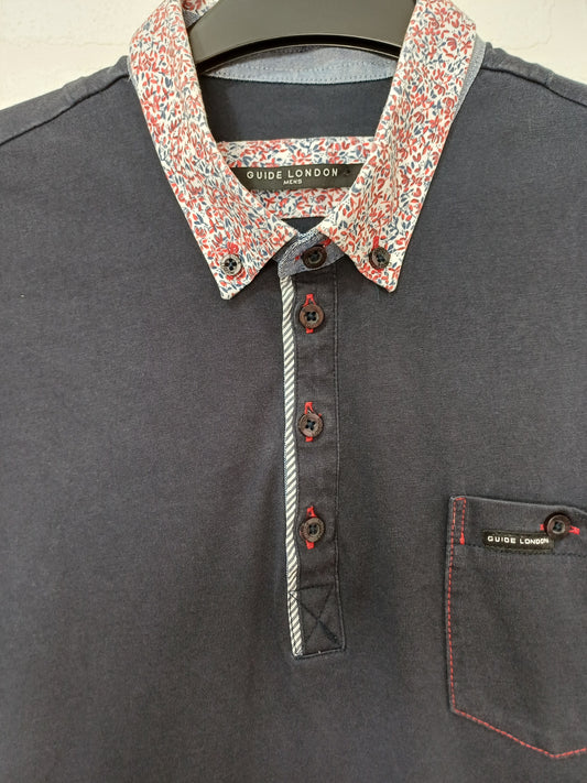Guide London Men's Navy Polo Shirt with Multi-Colour Patterned Collar Medium 20" PTP 30" Long - Good Condition