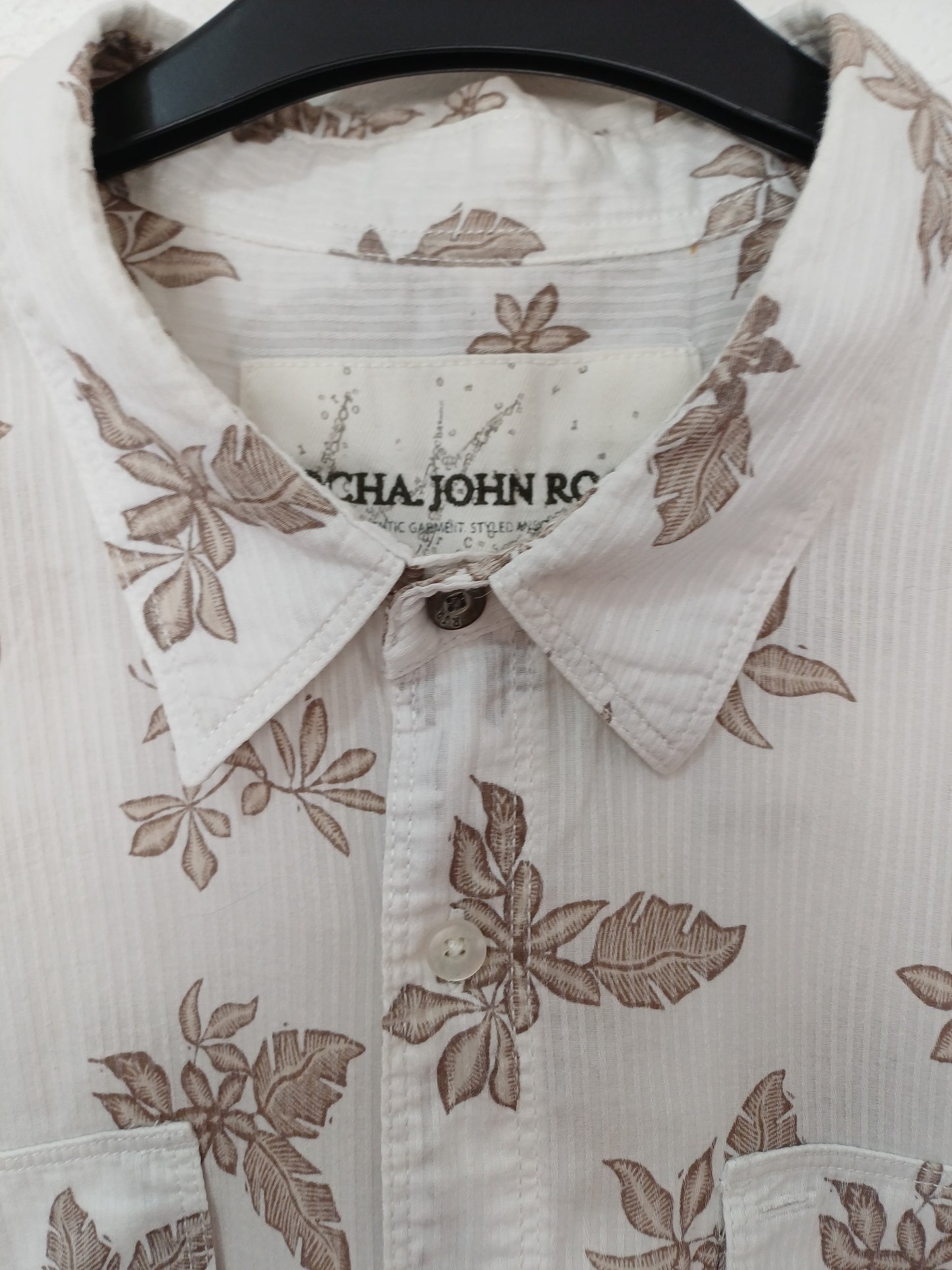 Rocha John Rocha Men's White Leaf Pattern Long Sleeve Shirt - XL