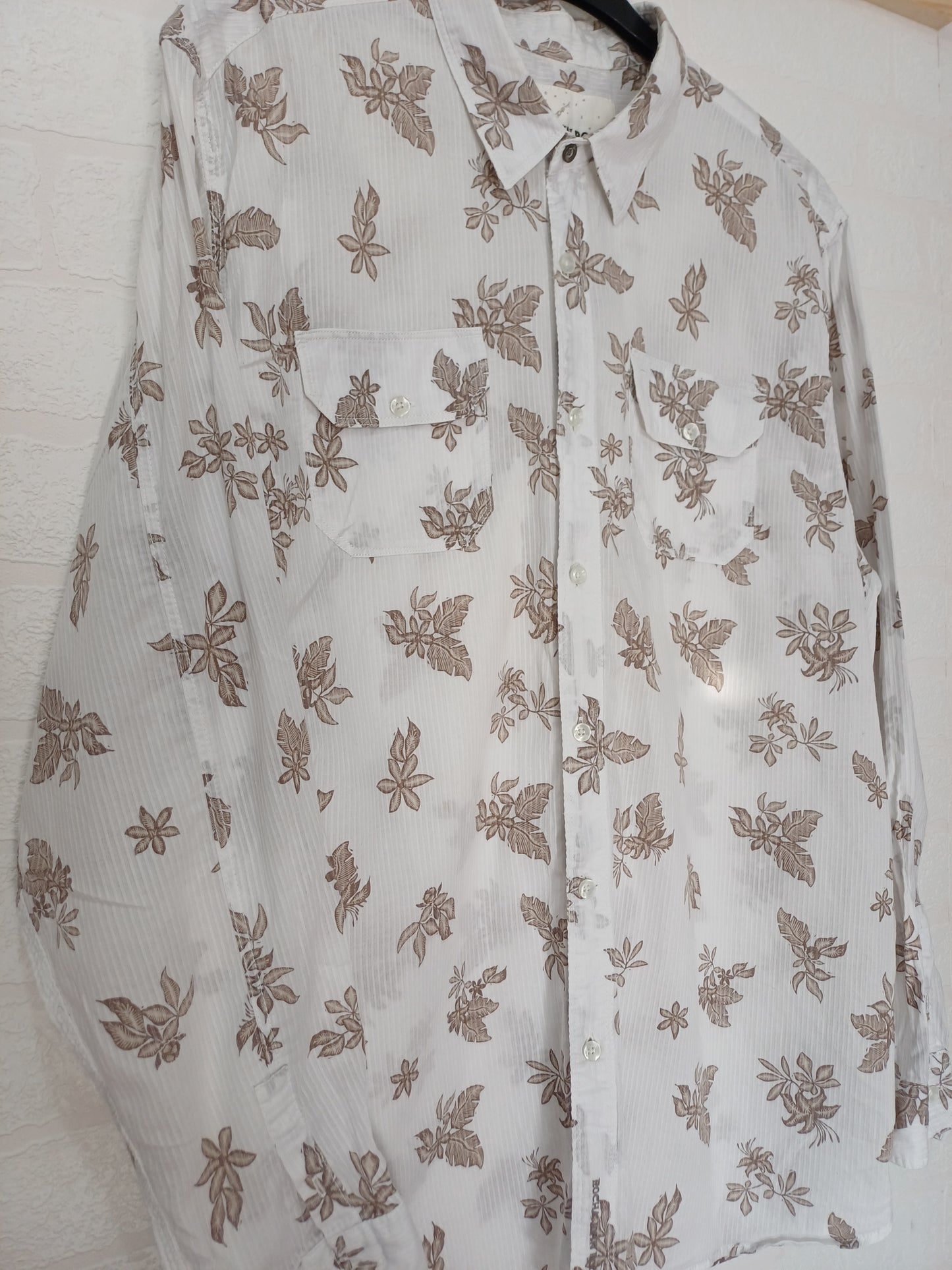 Rocha John Rocha Men's White Leaf Pattern Long Sleeve Shirt - XL