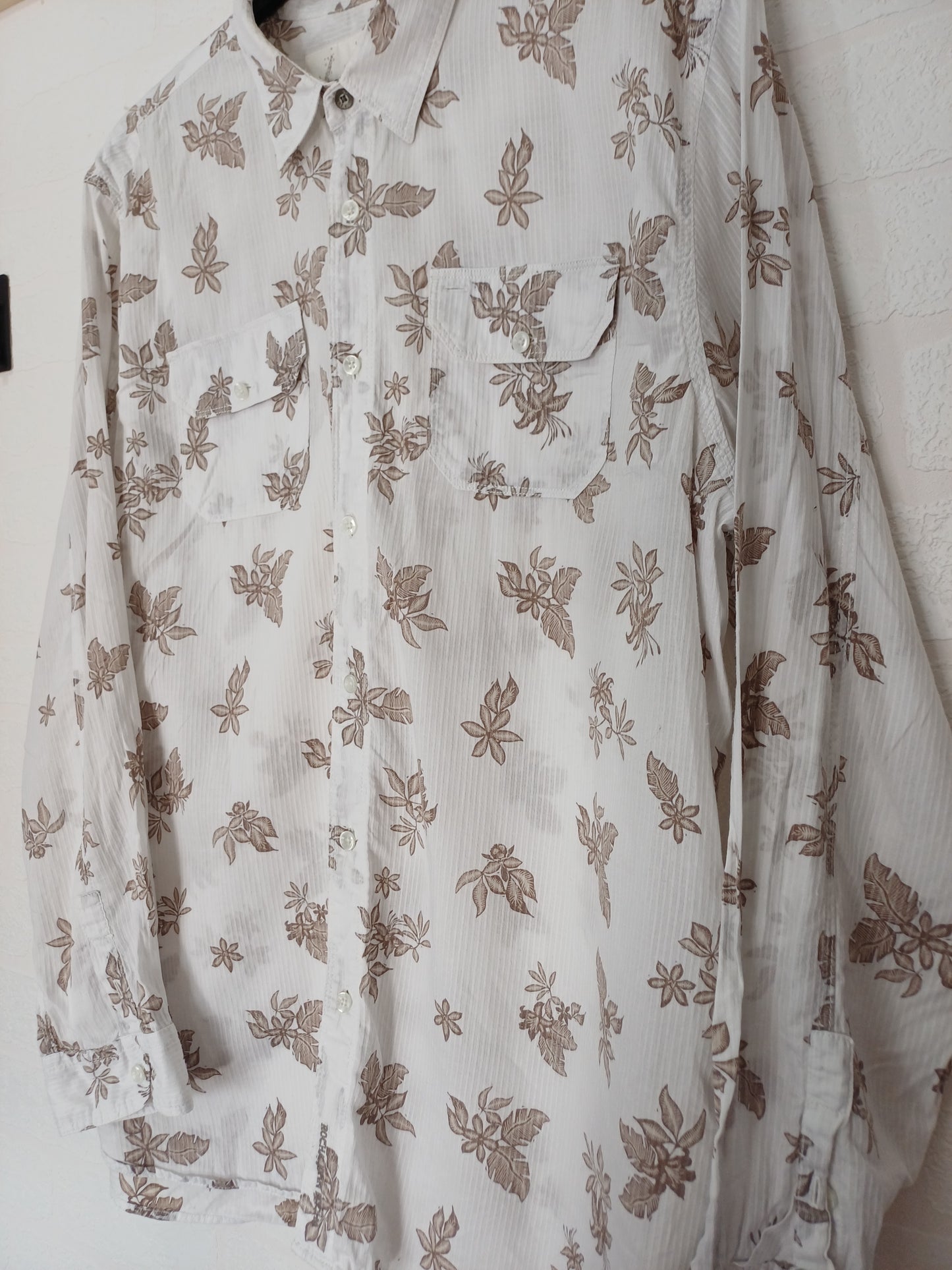 Rocha John Rocha Men's White Leaf Pattern Long Sleeve Shirt - XL