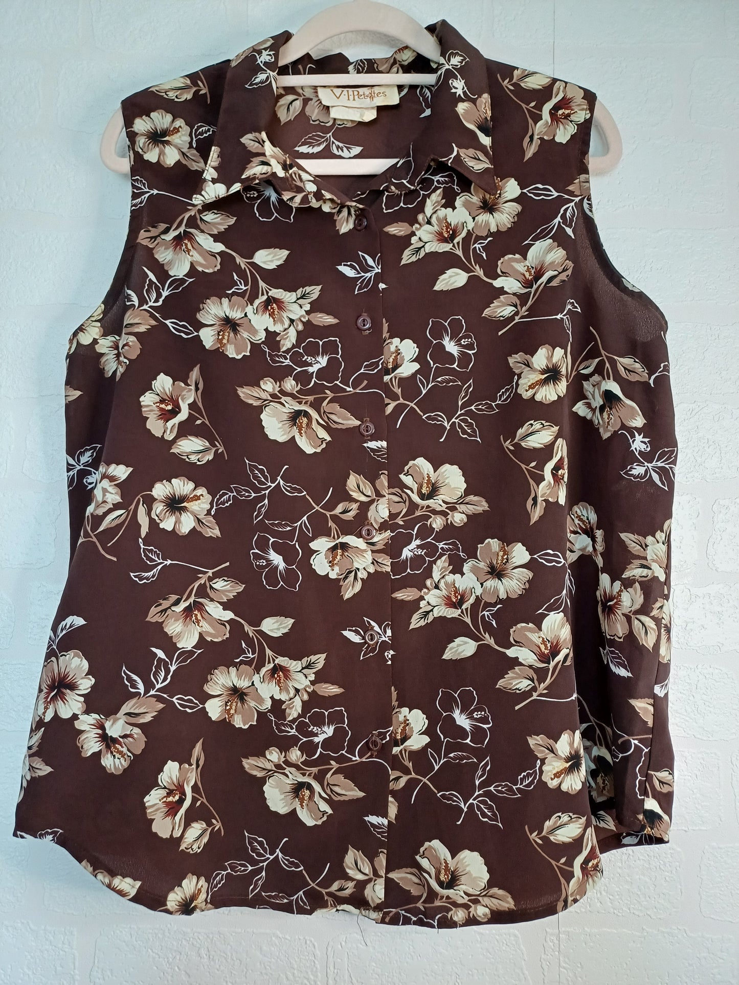 Women's Brown Floral Sleeveless Blouse | V.I Petites | Size 10-12