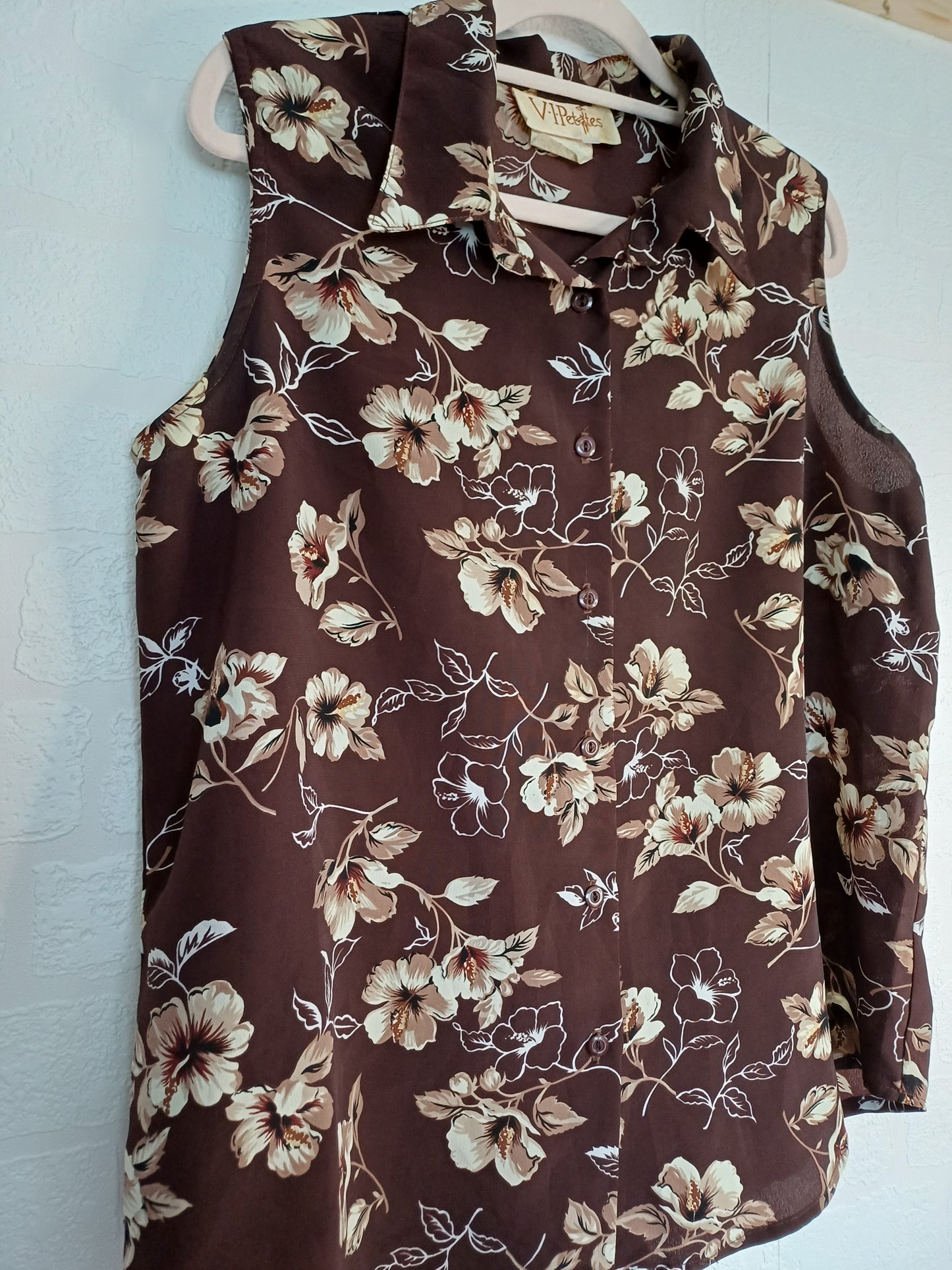 Women's Brown Floral Sleeveless Blouse | V.I Petites | Size 10-12