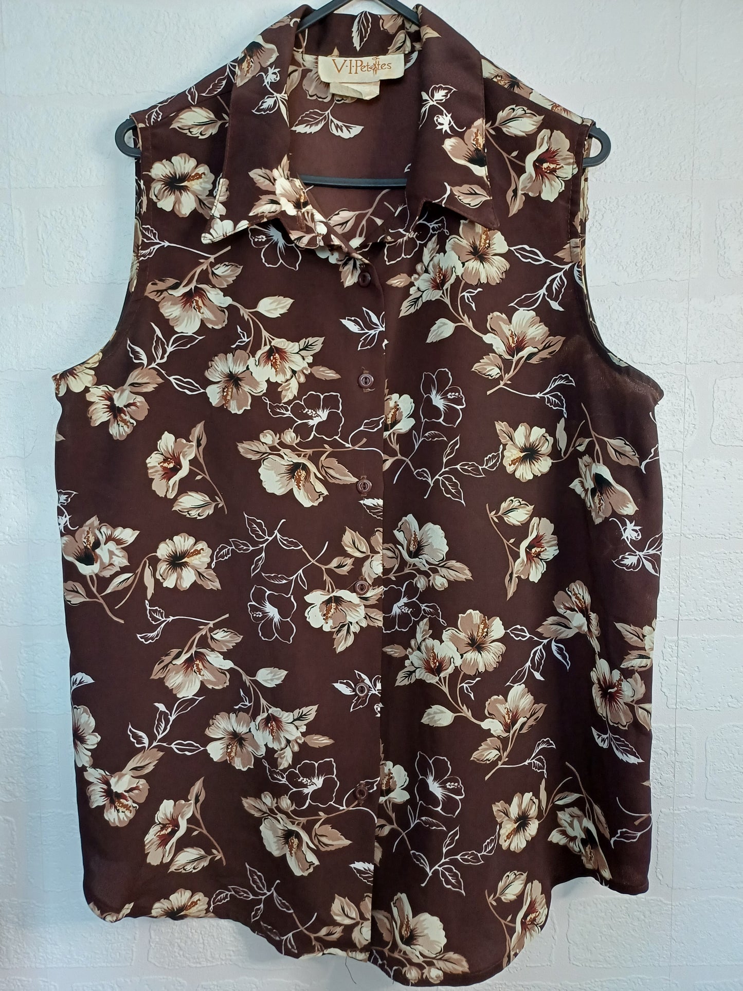 Women's Brown Floral Sleeveless Blouse | V.I Petites | Size 10-12