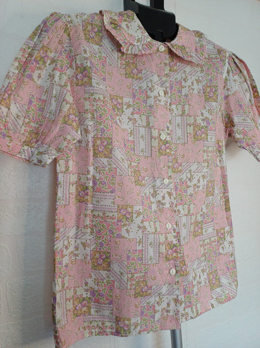 012 Benetton Pink Floral Blouse – Vintage (Fits S/M, 100% Cotton)