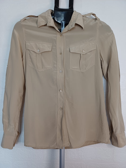 Royal Silk Vintage Beige/Tan Silk Blouse – US 4 / UK 8 (80s/90s) Made in Hong Kong