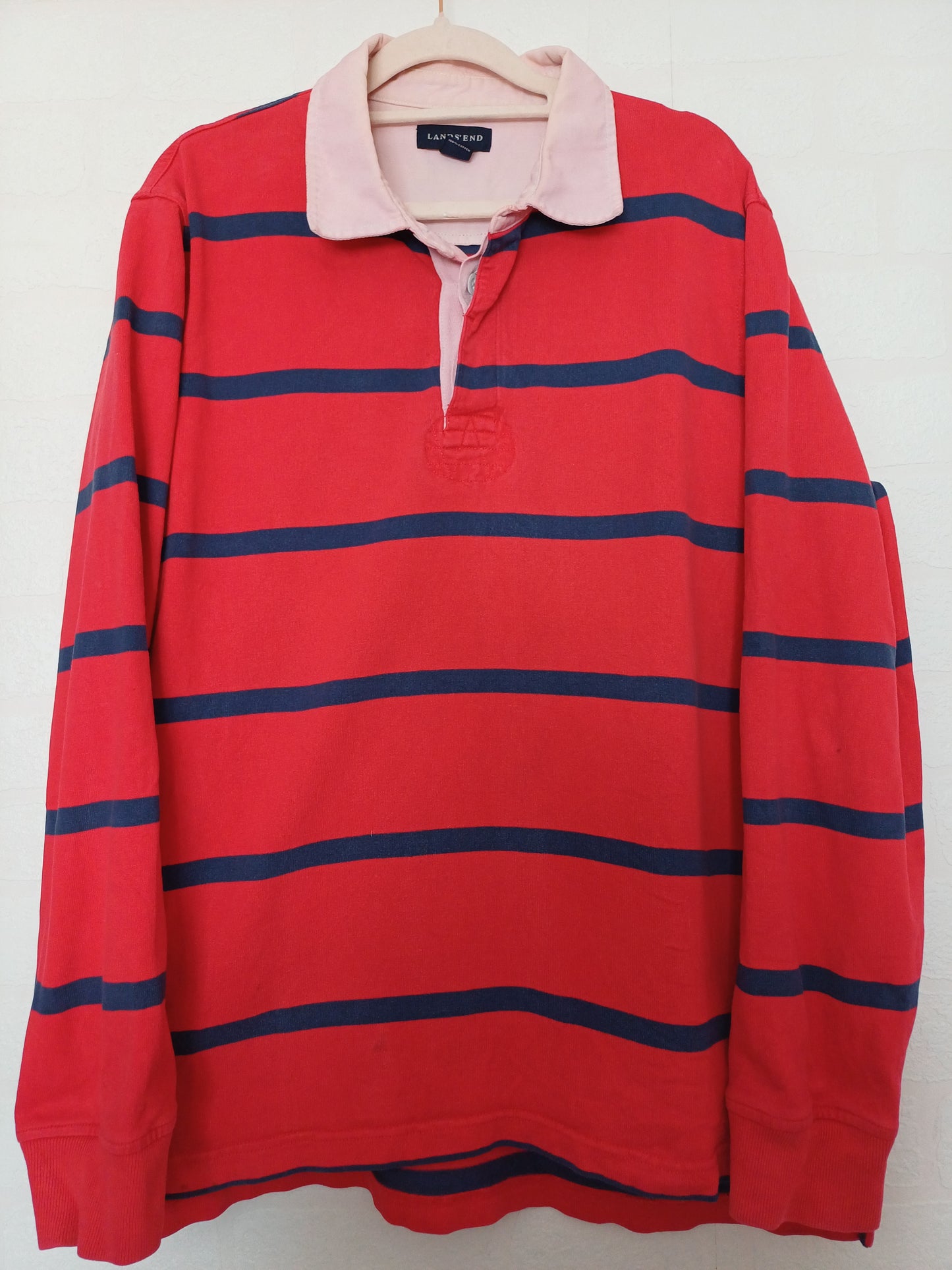 Lands' End Red and Navy Blue Striped Rugby Top Large 23" PTP - Good Condition