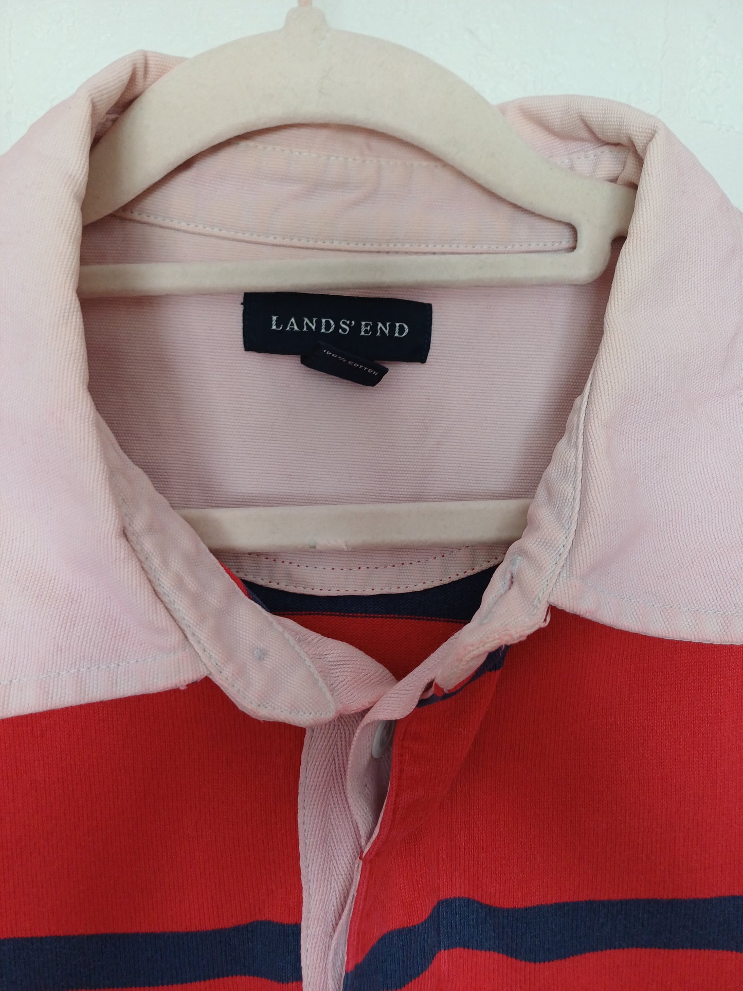 Lands' End Red and Navy Blue Striped Rugby Top Large 23" PTP - Good Condition