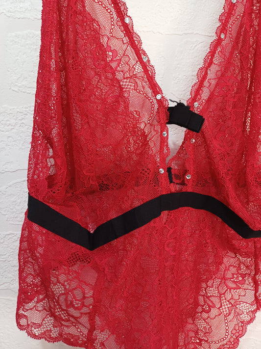 La Vie en Rose Red Lace Sheer Bodysuit M/L - Never Worn