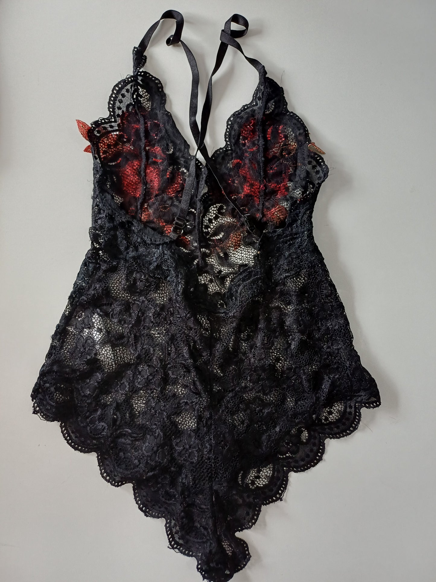 SHEIN Black Lace Red Floral Embroidered Sheer Bodysuit Small - Never Worn