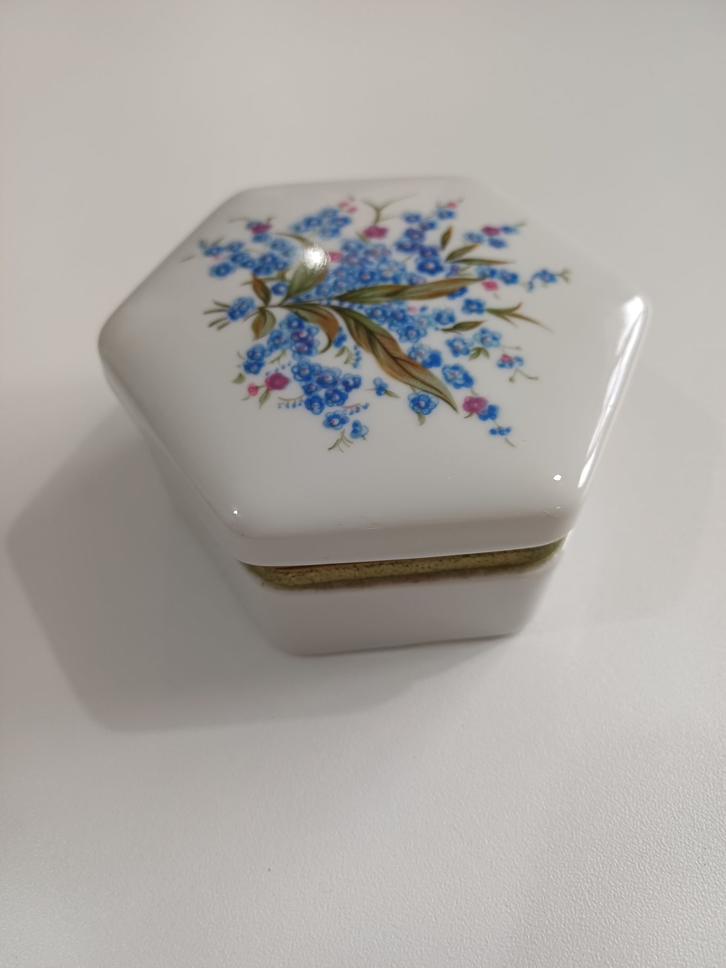 Porcelain Floral Transfer Trinket Box / Jewellery Box Gold Tone Frame - Good Condition