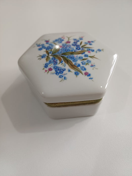 Porcelain Floral Transfer Trinket Box / Jewellery Box Gold Tone Frame - Good Condition