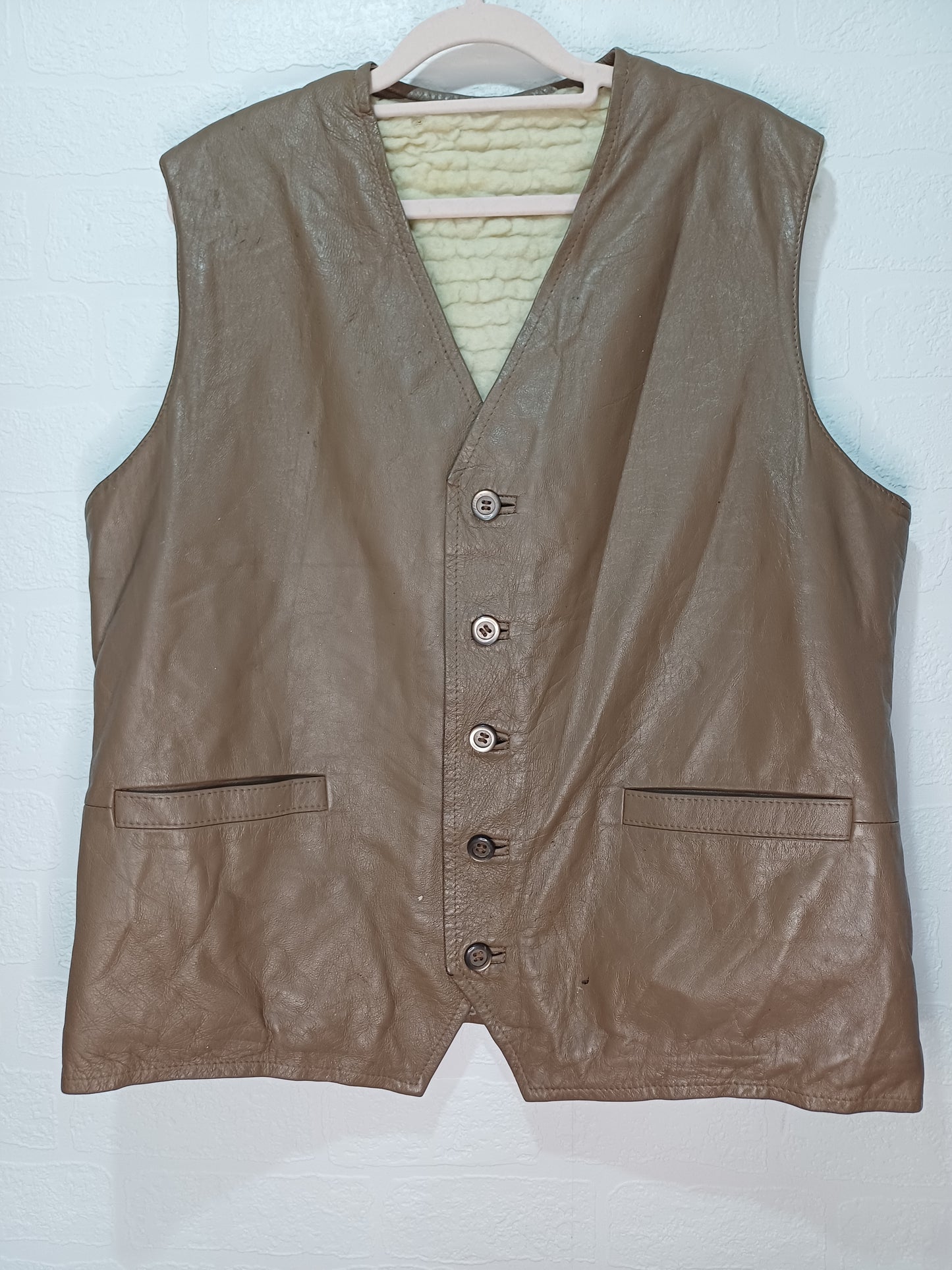 Unbranded Brown Leather Gilet Sherpa Lined 22" PTP - Fair Condition