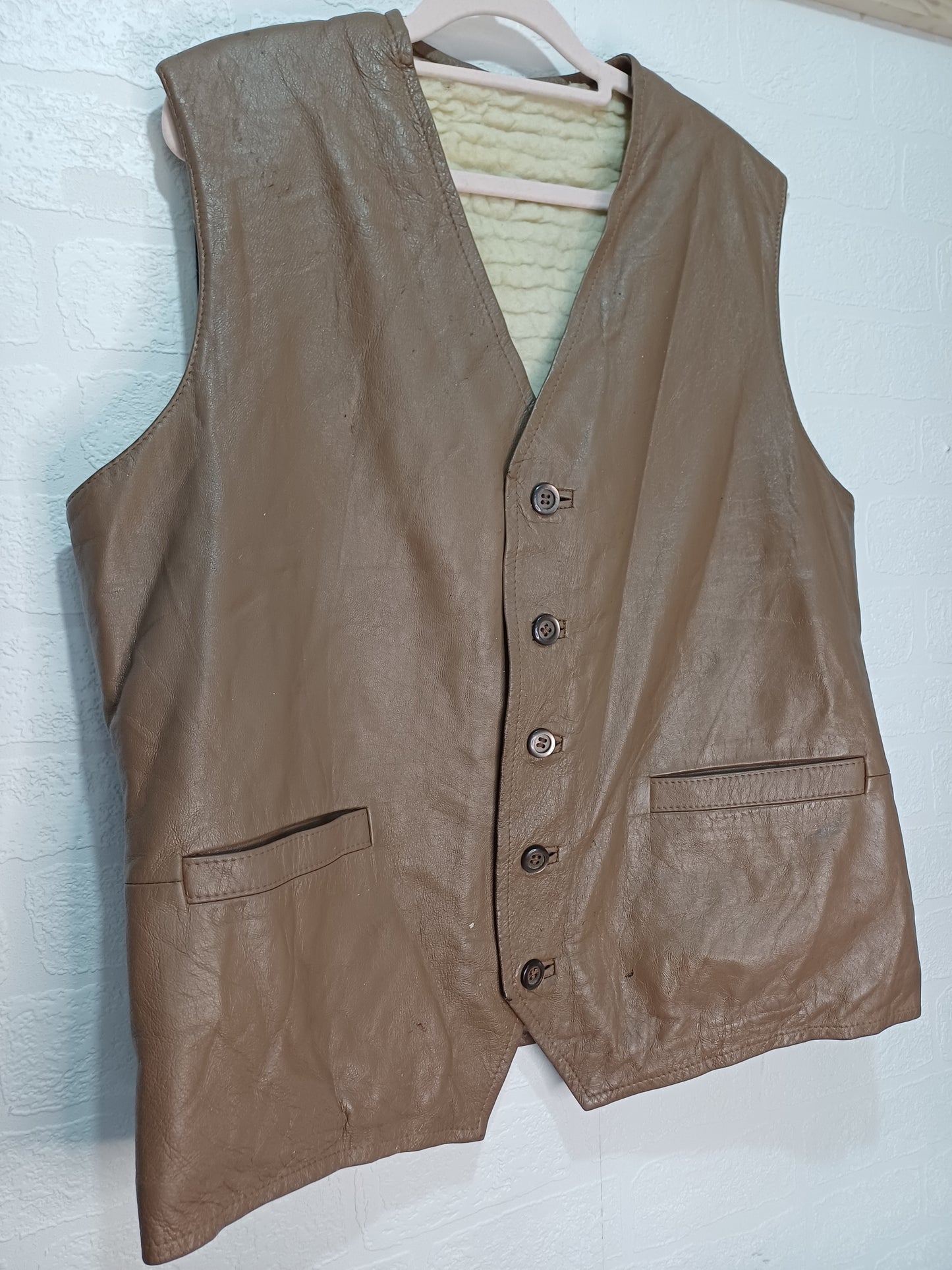 Unbranded Brown Leather Gilet Sherpa Lined 22" PTP - Fair Condition