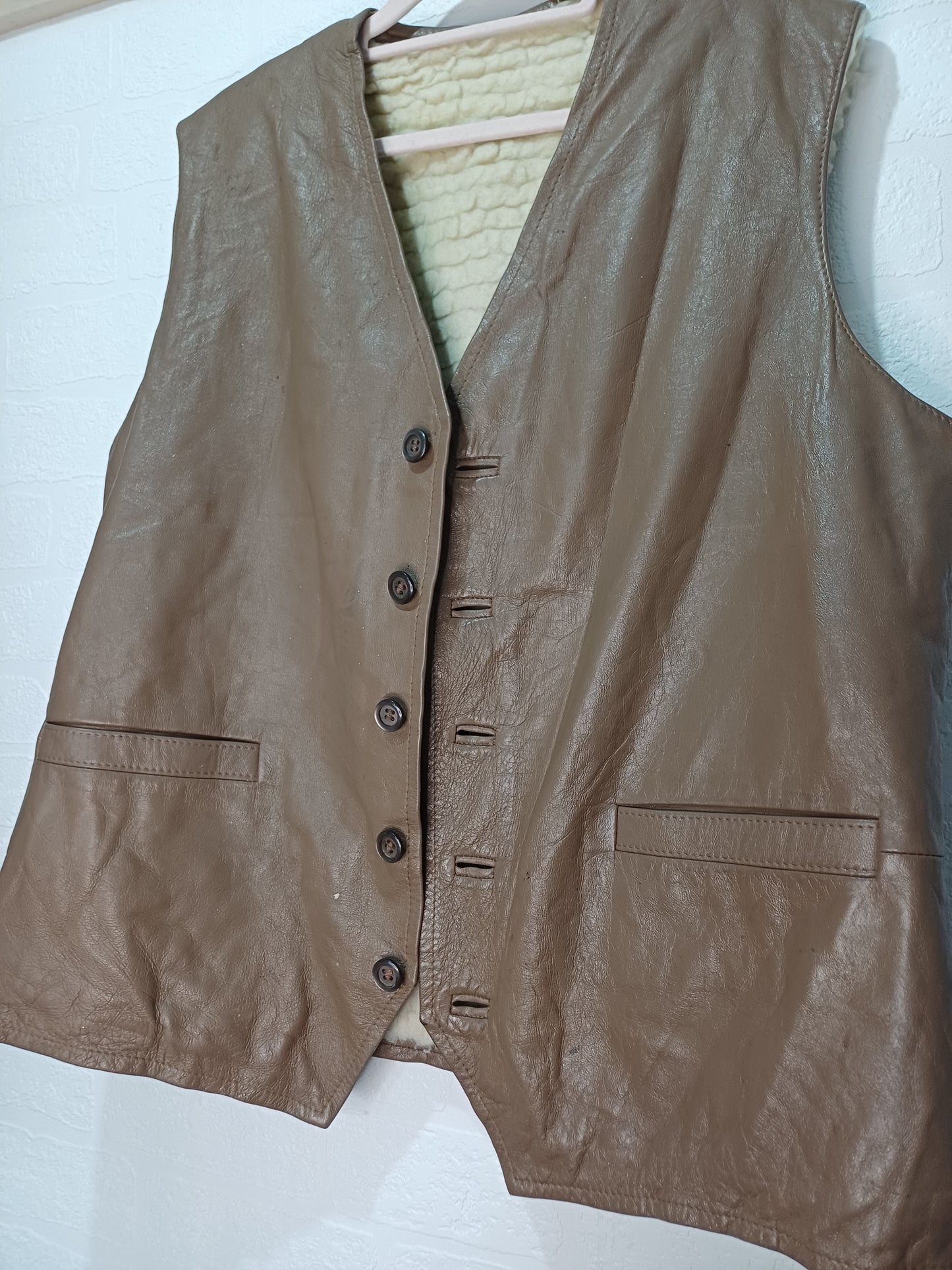 Unbranded Brown Leather Gilet Sherpa Lined 22" PTP - Fair Condition