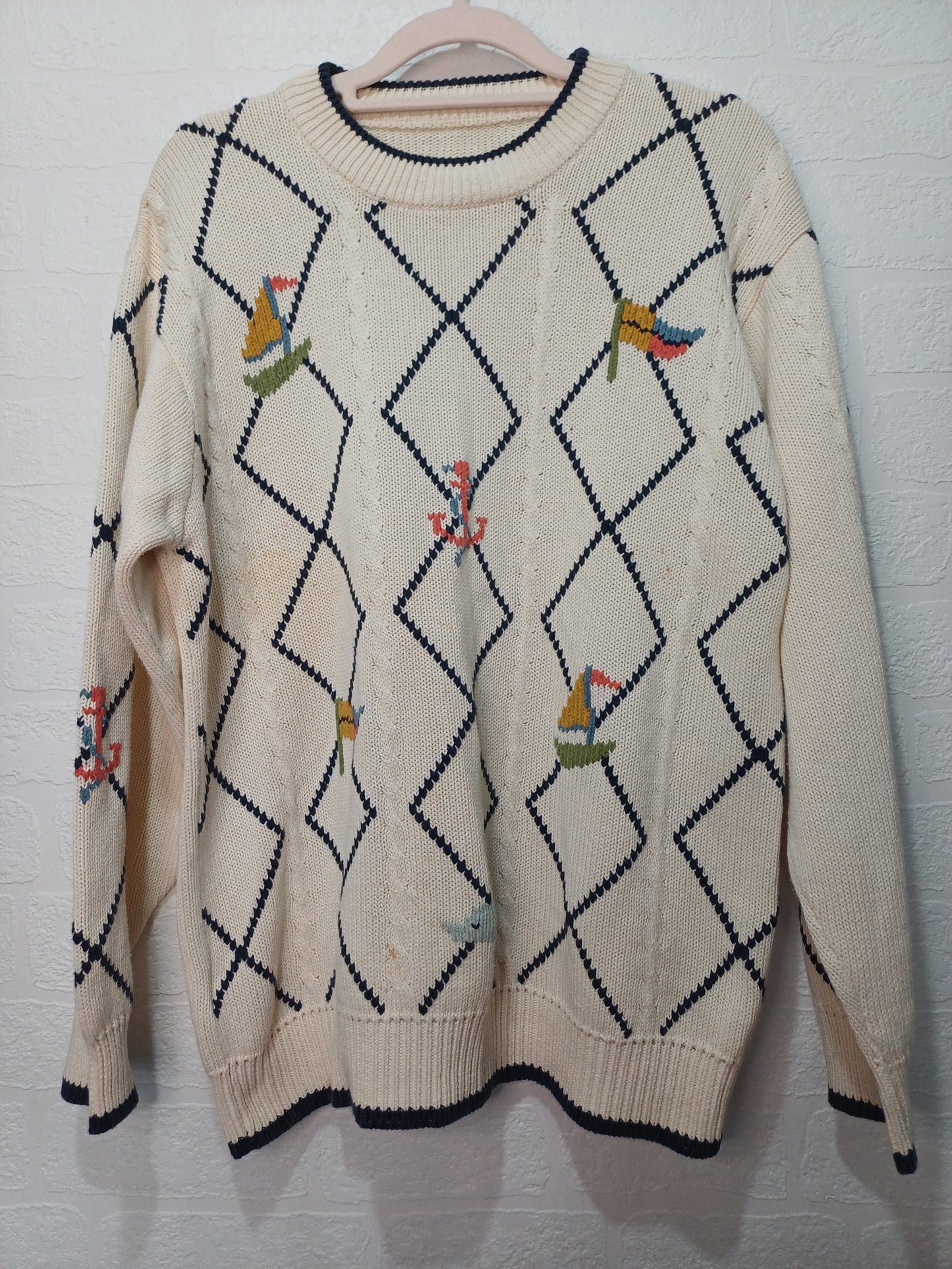 Cream With Boats and Anchors Top Medium 23" PTP - Very Good Condition
