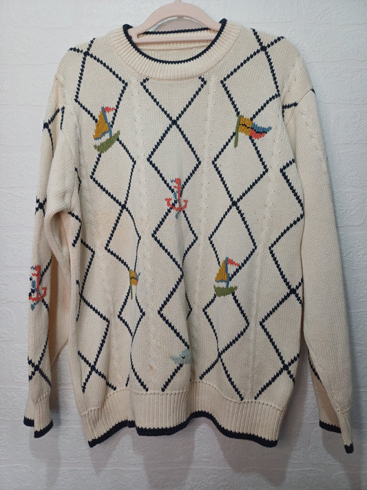 Cream With Boats and Anchors Top Medium 23" PTP - Very Good Condition