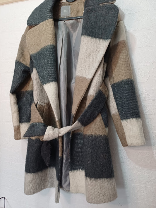 Next Beige & Grey Check Belted Coat UK 6 38" Long - Good Condition
