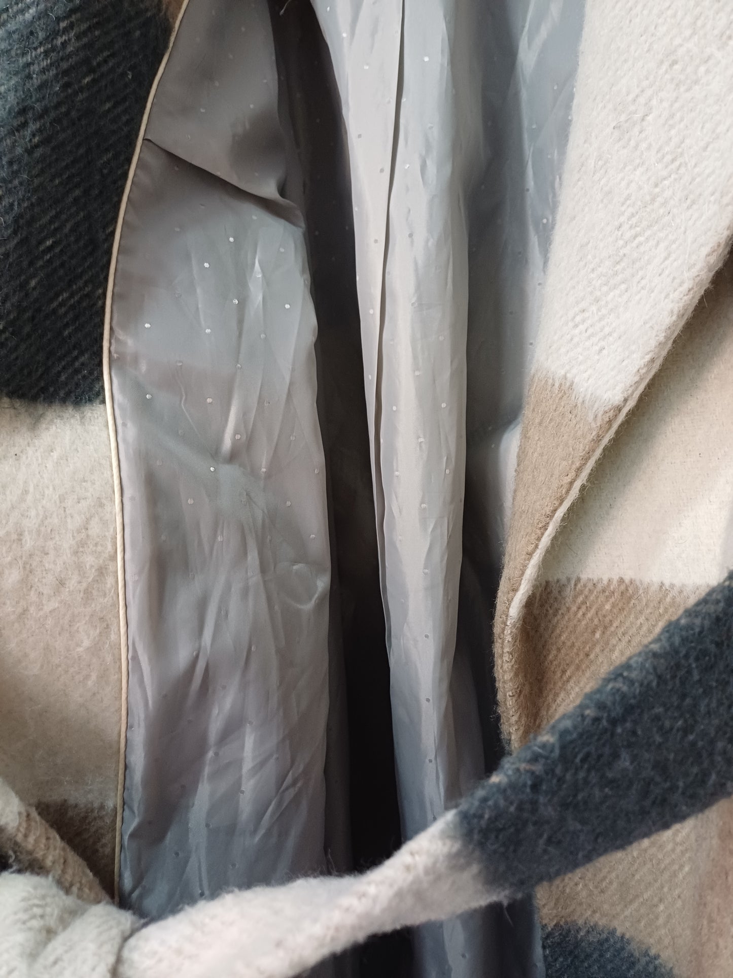 Next Beige & Grey Check Belted Coat UK 6 38" Long - Good Condition