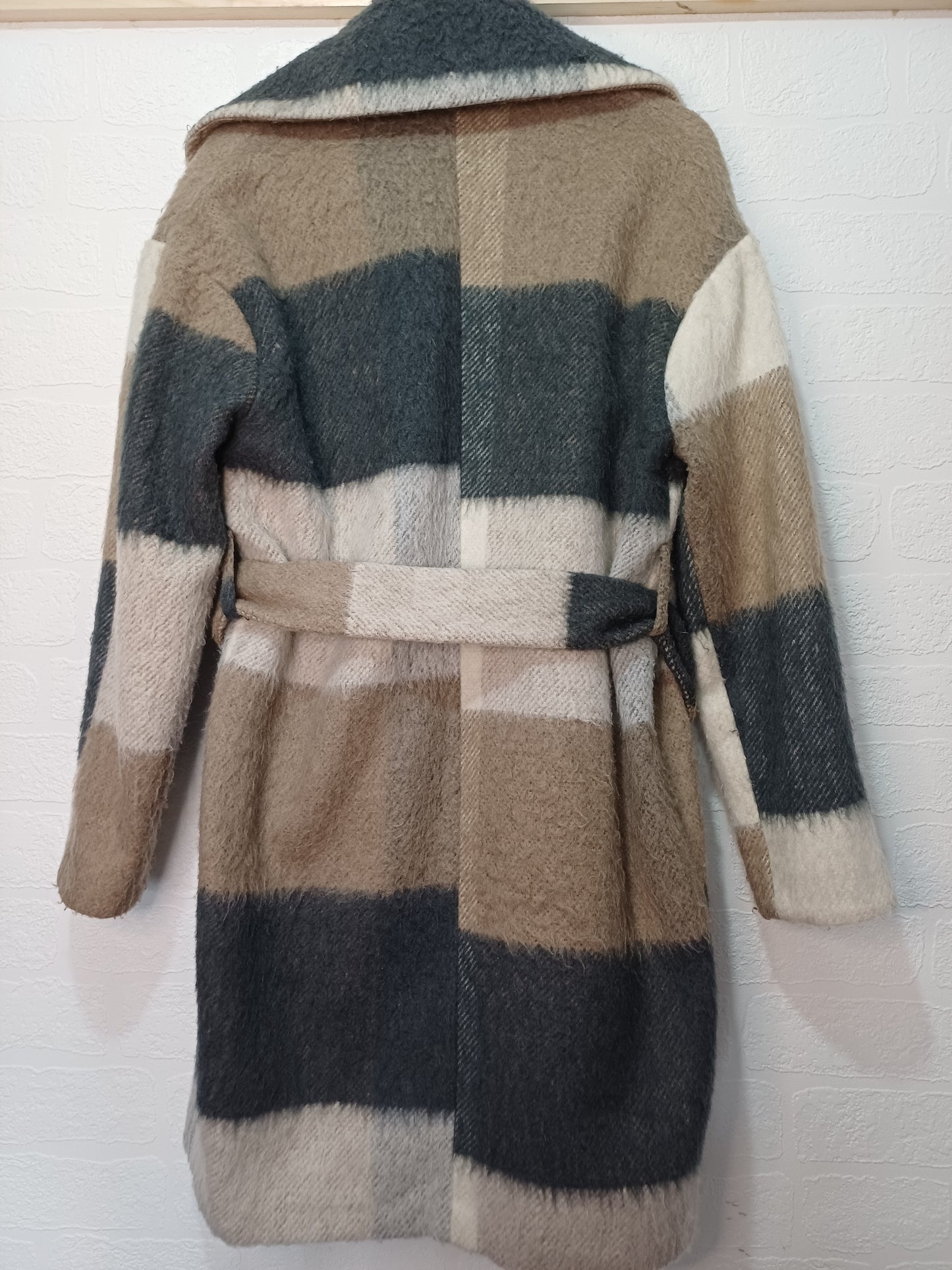 Next Beige & Grey Check Belted Coat UK 6 38" Long - Good Condition