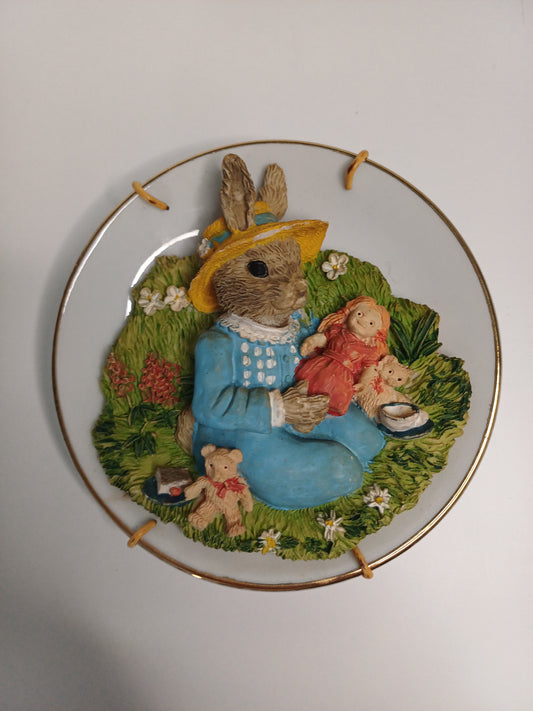 Regency Fine Arts Blue Green Countryside Ceramic Rabbit Decorative Plate