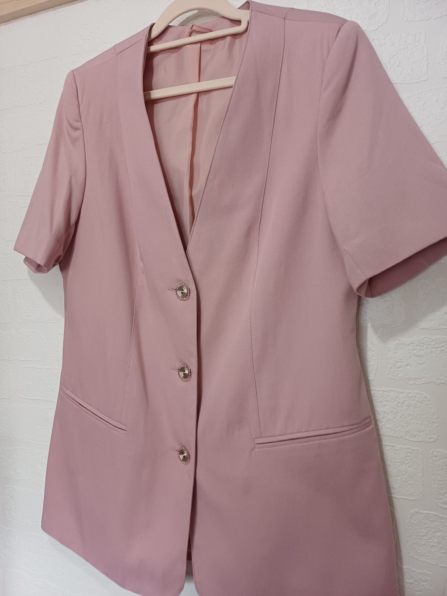 Vintage Pastel Pink Longline Blazer Jacket Short Sleeve UK 14-16 18.5" PTP - Good Condition