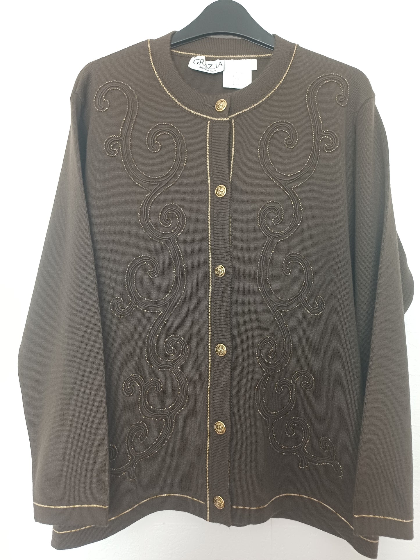 Grazia Brown Wool Blend Cardigan Jacket Embroidered Swirl Gold Button 23" PTP - Very Good Condition