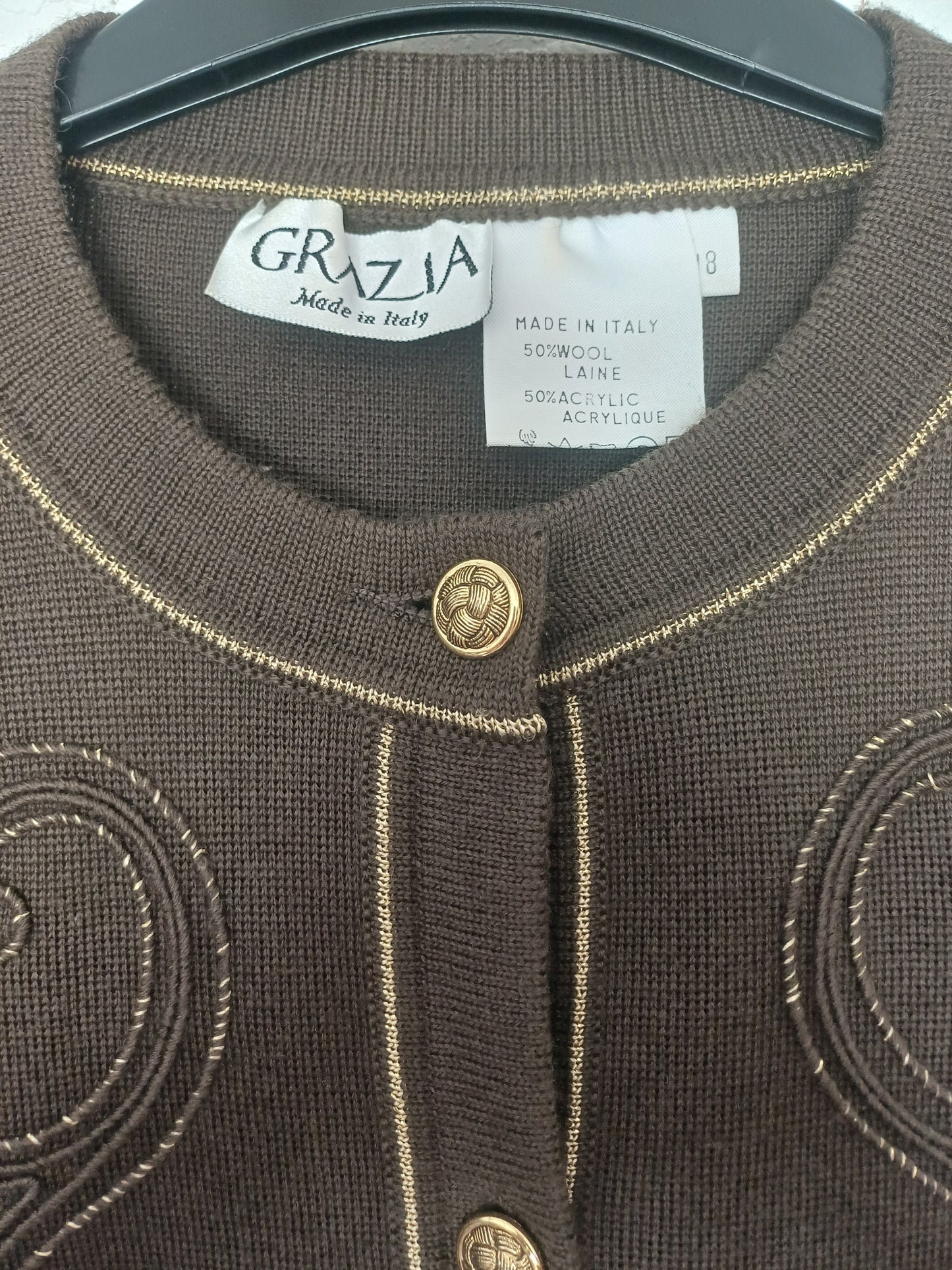Grazia Brown Wool Blend Cardigan Jacket Embroidered Swirl Gold Button 23" PTP - Very Good Condition