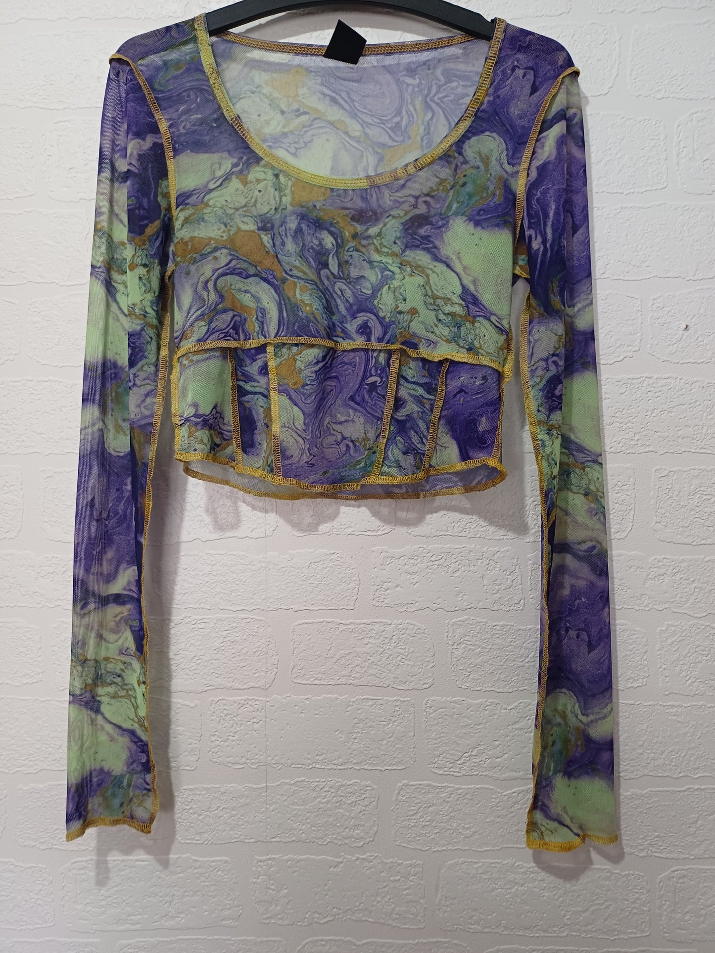 Outfitters Purple and Green Marble Print Mesh Crop Top Small 15" PTP - Very Good Condition