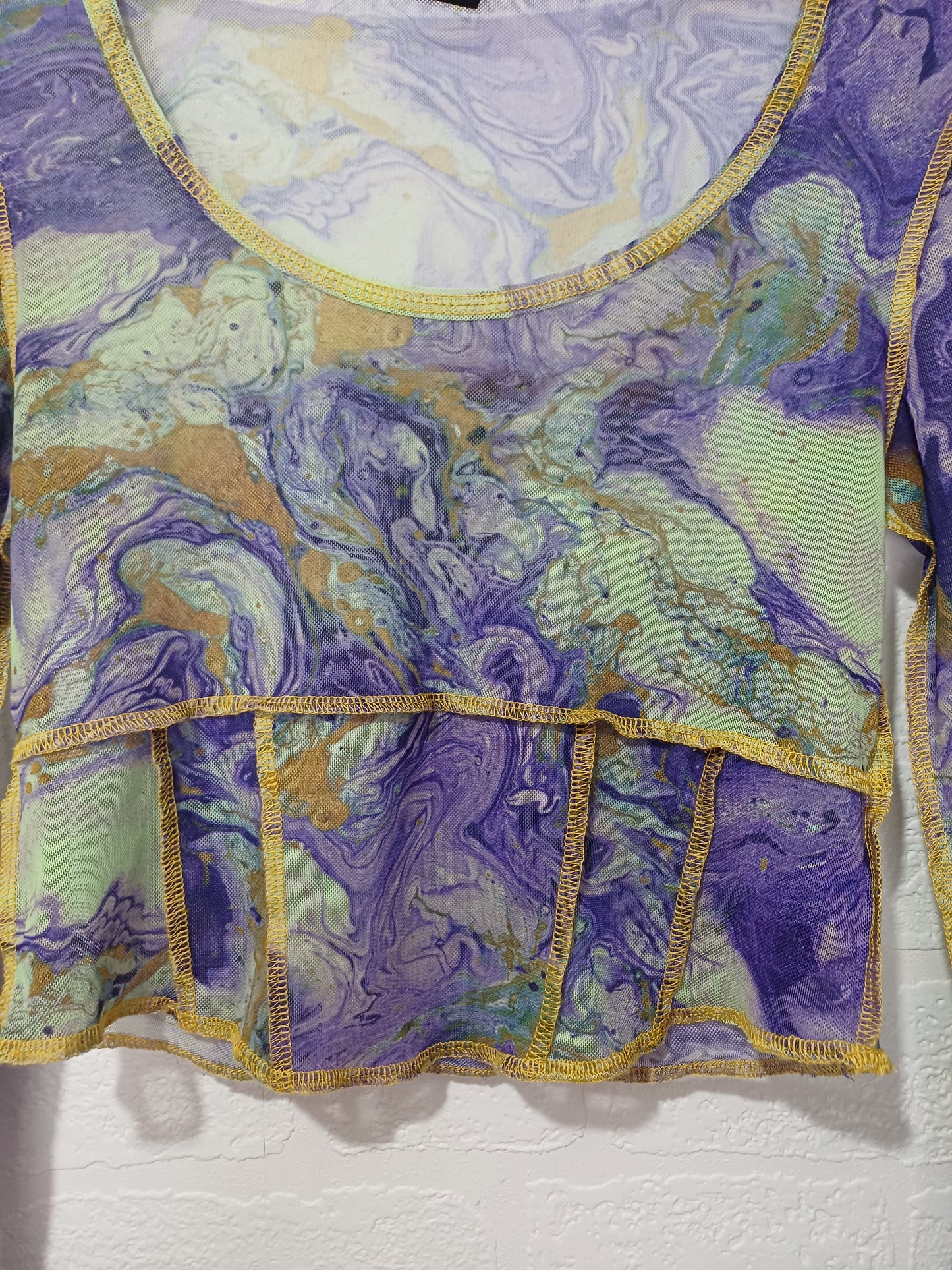 Outfitters Purple and Green Marble Print Mesh Crop Top Small 15" PTP - Very Good Condition