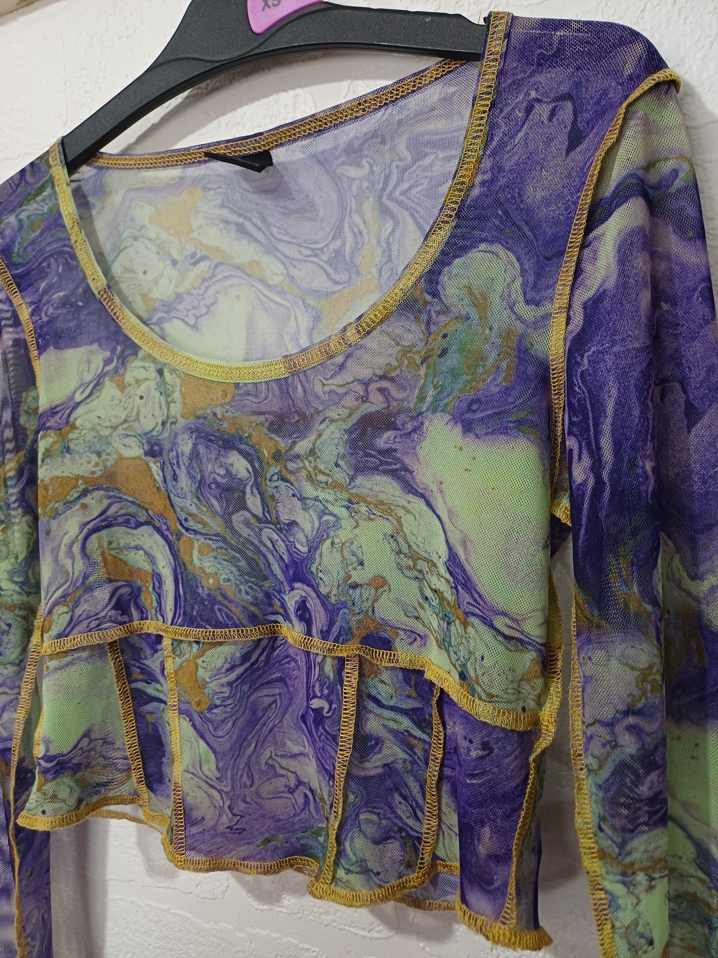 Outfitters Purple and Green Marble Print Mesh Crop Top Small 15" PTP - Very Good Condition