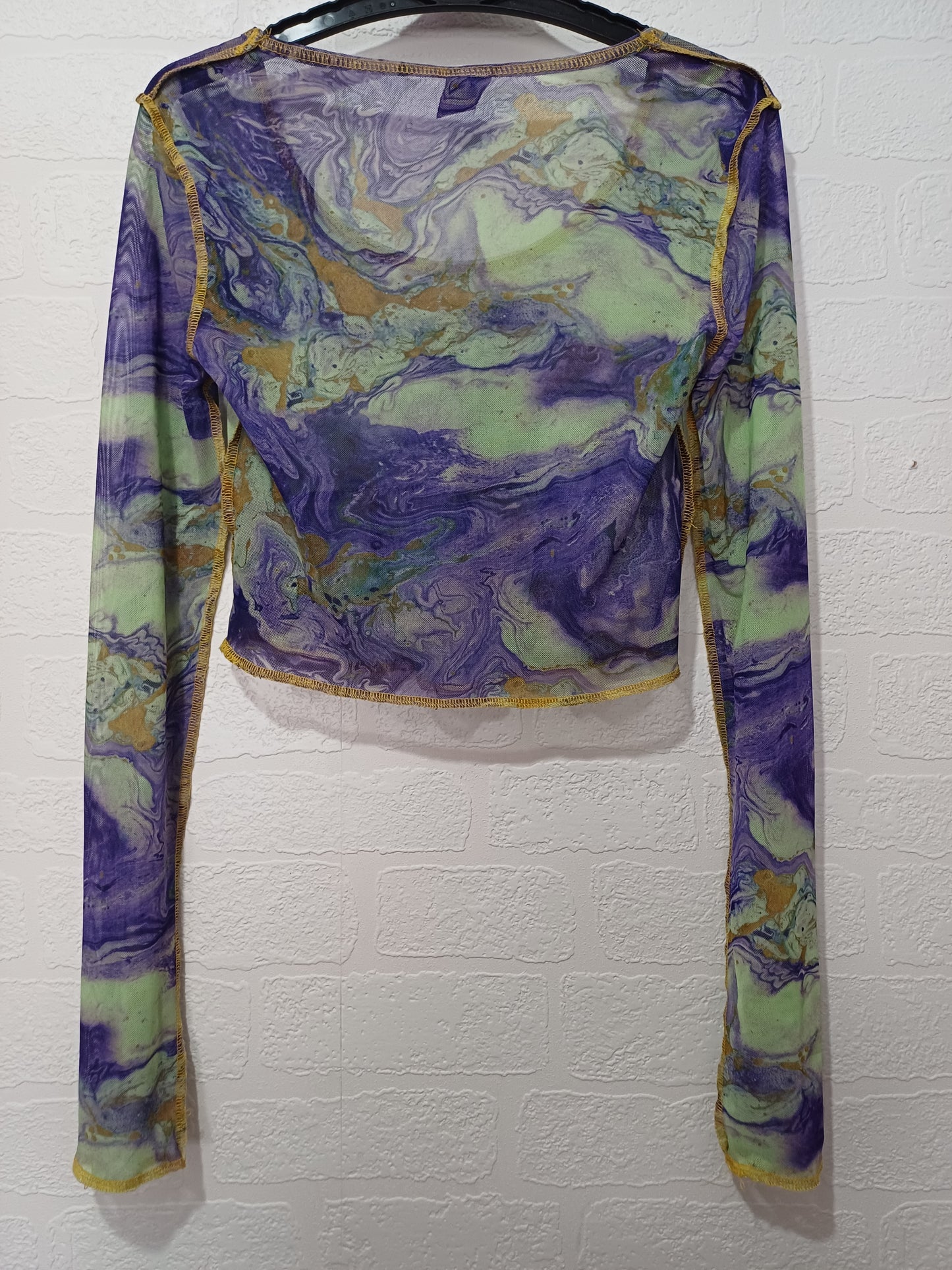 Outfitters Purple and Green Marble Print Mesh Crop Top Small 15" PTP - Very Good Condition