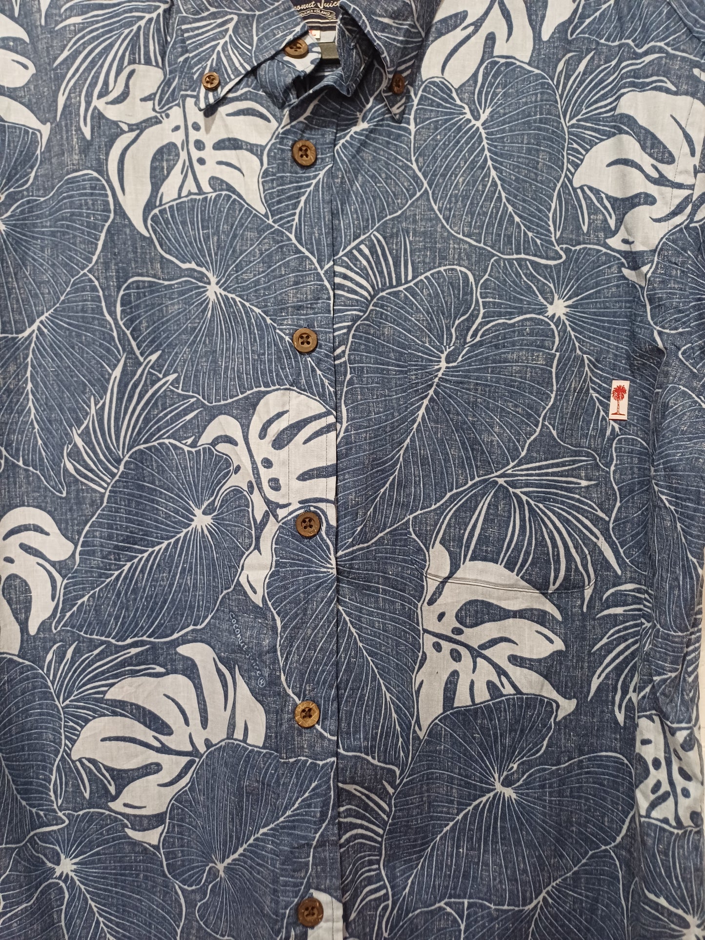 Coconut Juice Blue Tropical Leaf Print Hawaiian Shirt Medium 21" PTP - Very Good Condition