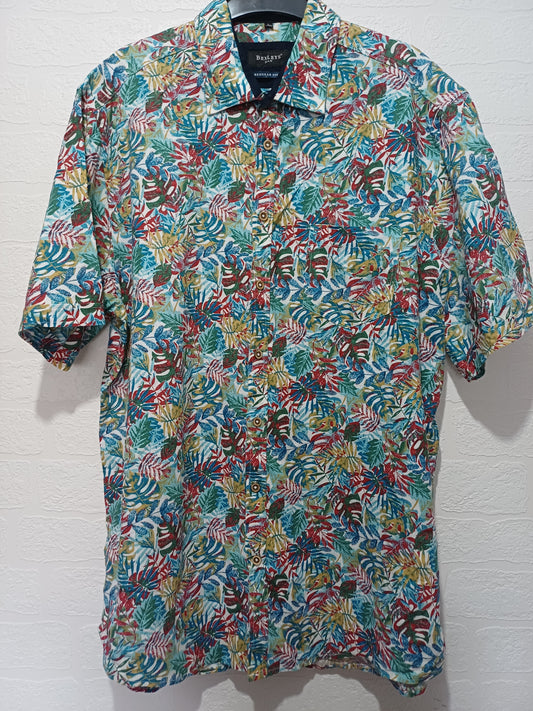 Bexleys Man Hawaiian Linen Blend Shirt Multicolour Tropical Leaf Large 25" PTP - Very Good Condition