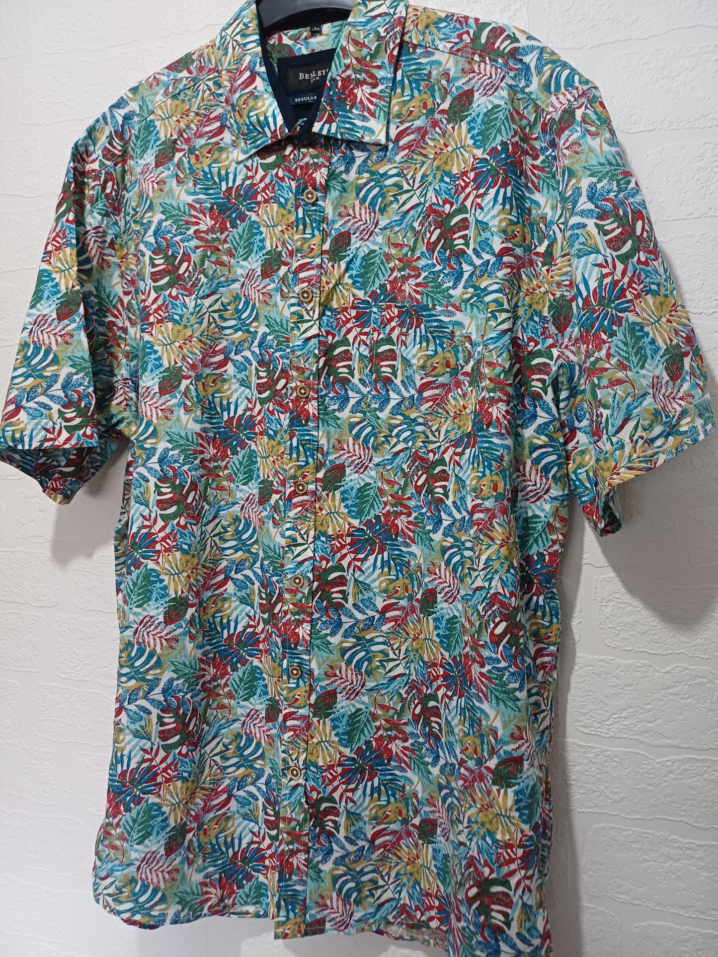 Bexleys Man Hawaiian Linen Blend Shirt Multicolour Tropical Leaf Large 25" PTP - Very Good Condition