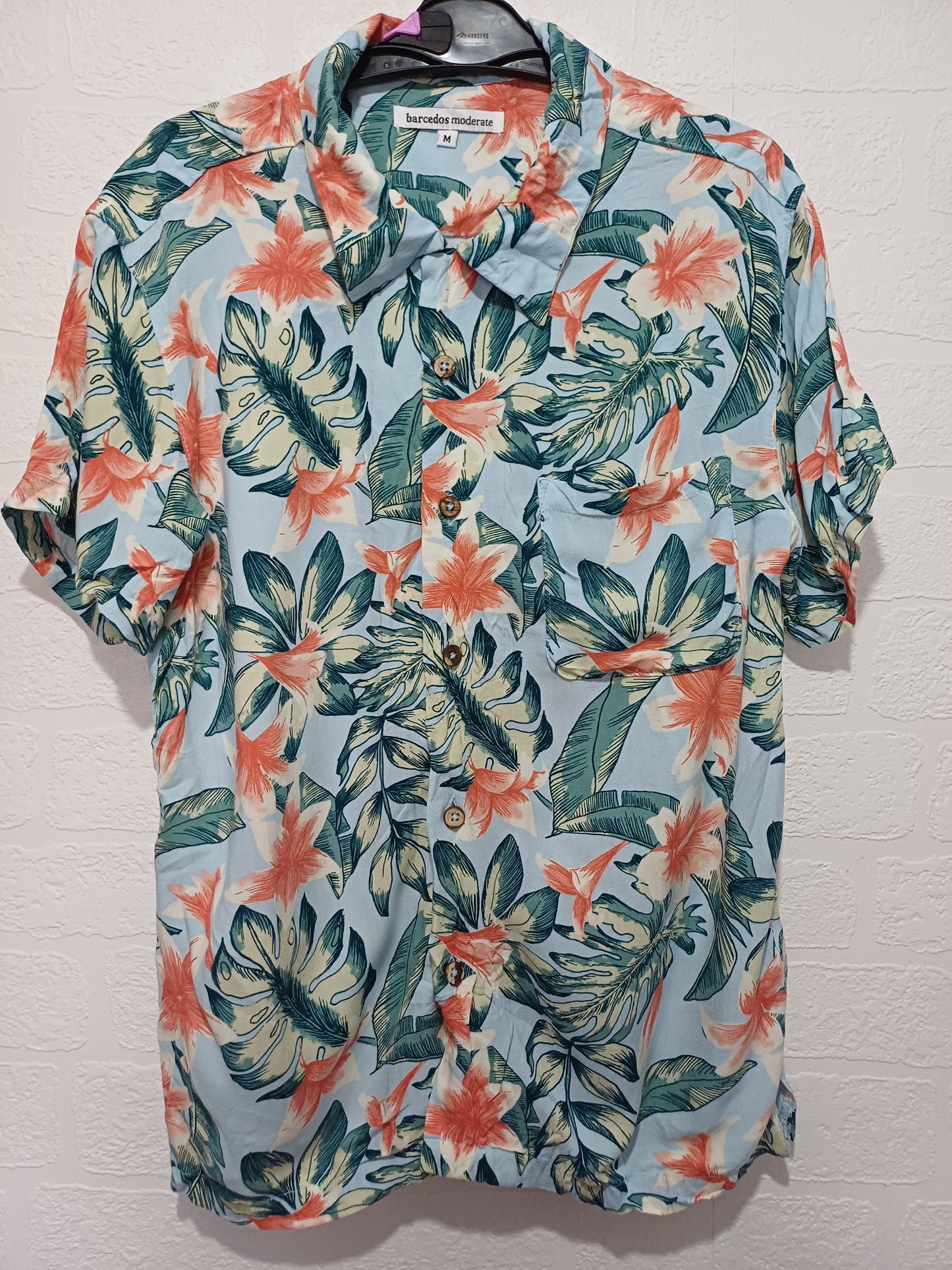 Barcedos Hawaiian Shirt Blue Tropical Floral Medium (Fits S) 18" PTP - Very Good Condition