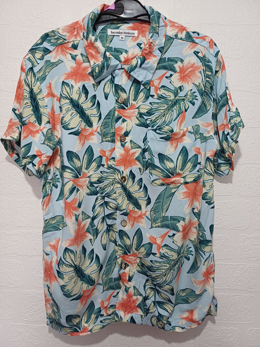 Barcedos Hawaiian Shirt Blue Tropical Floral Medium (Fits S) 18" PTP - Very Good Condition