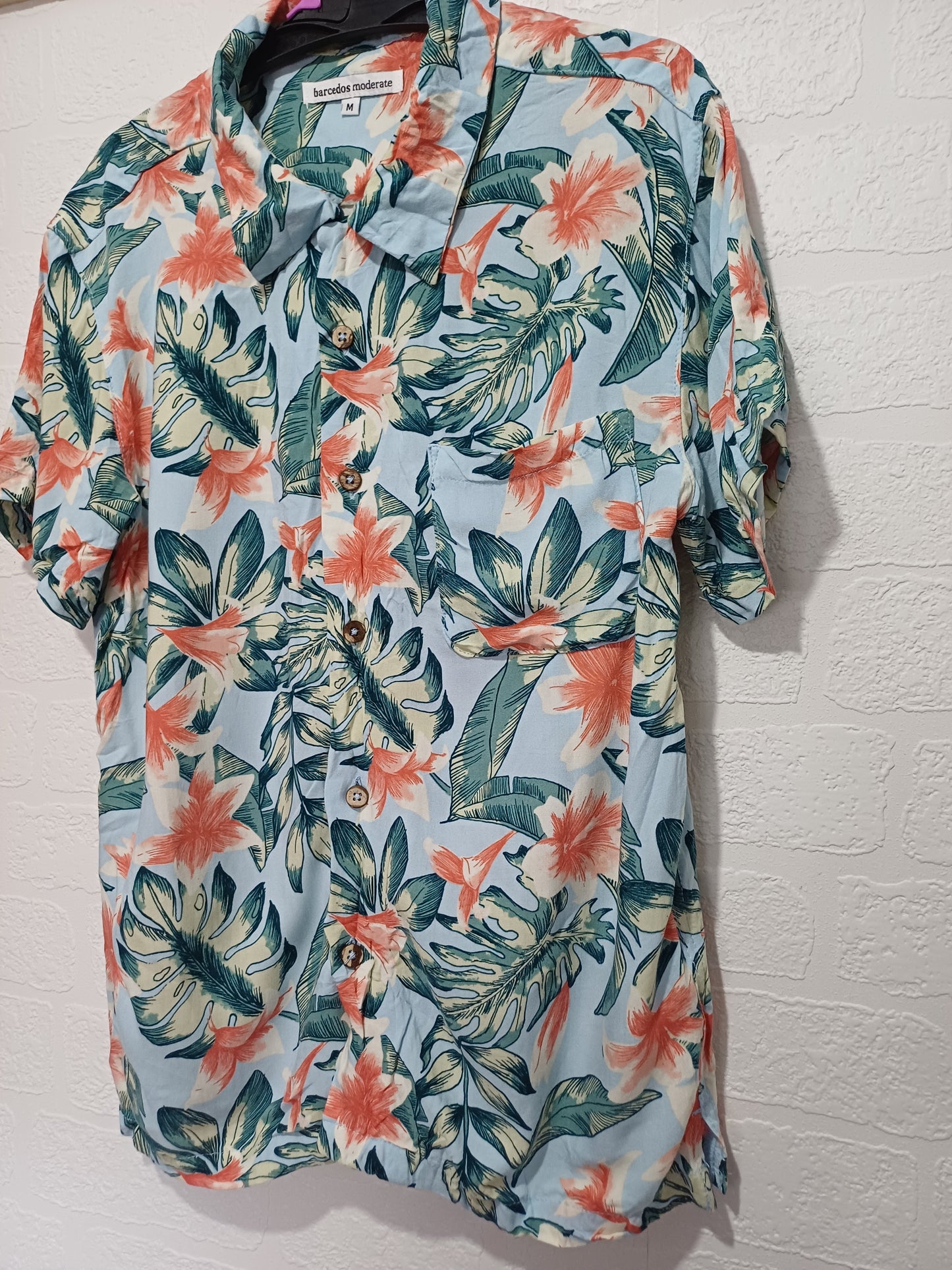 Barcedos Hawaiian Shirt Blue Tropical Floral Medium (Fits S) 18" PTP - Very Good Condition