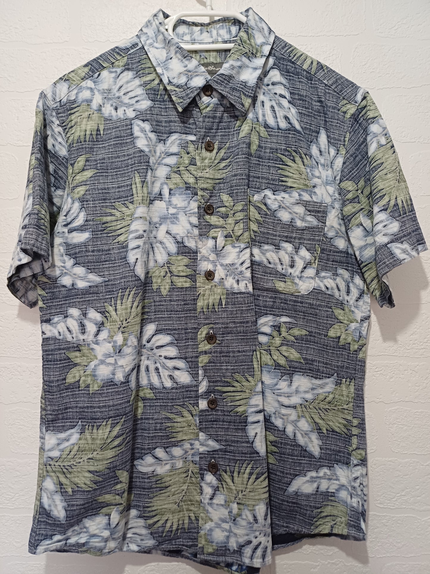 Eddie Bauer Hawaiian Shirt Blue Tropical Leaf S (Fits M) 20" PTP - Very Good Condition