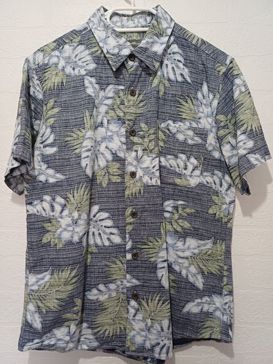 Eddie Bauer Hawaiian Shirt Blue Tropical Leaf S (Fits M) 20" PTP - Very Good Condition