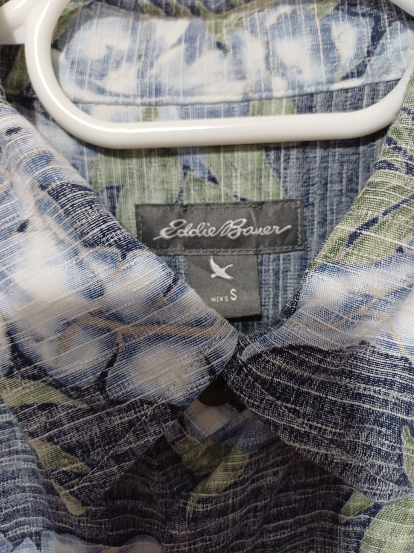 Eddie Bauer Hawaiian Shirt Blue Tropical Leaf S (Fits M) 20" PTP - Very Good Condition